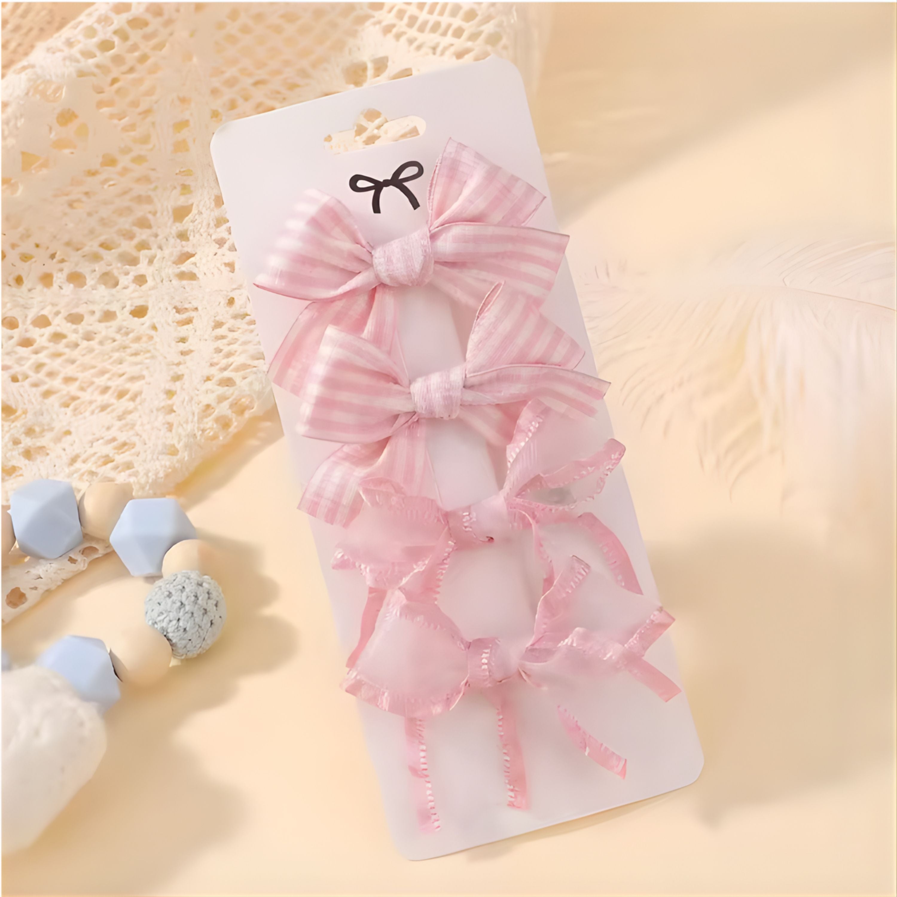 Kitcheniva Children's Bow Hair Clips 4 Pcs - Pink Striped & Lace Design