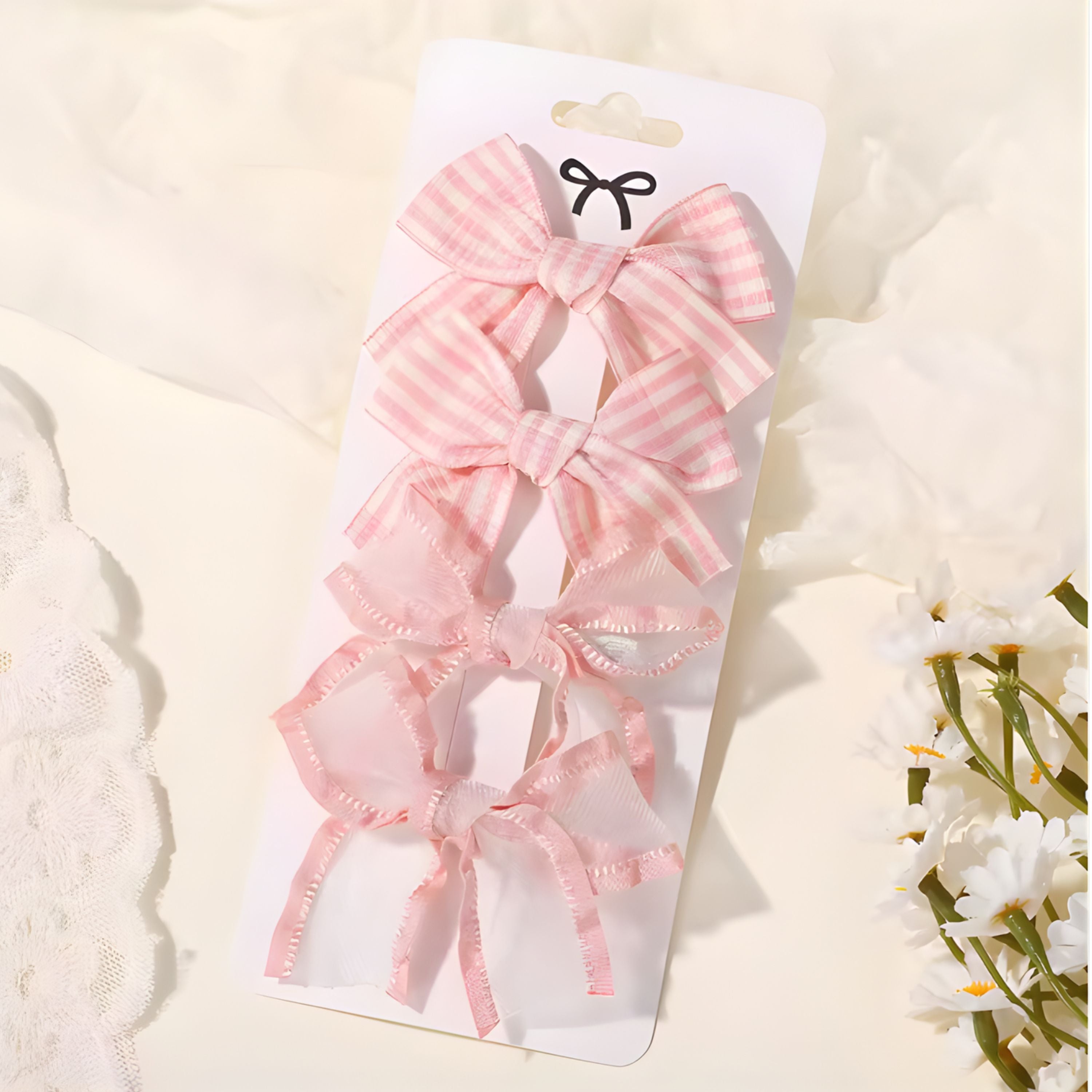 Kitcheniva Children's Bow Hair Clips 4 Pcs - Pink Striped & Lace Design