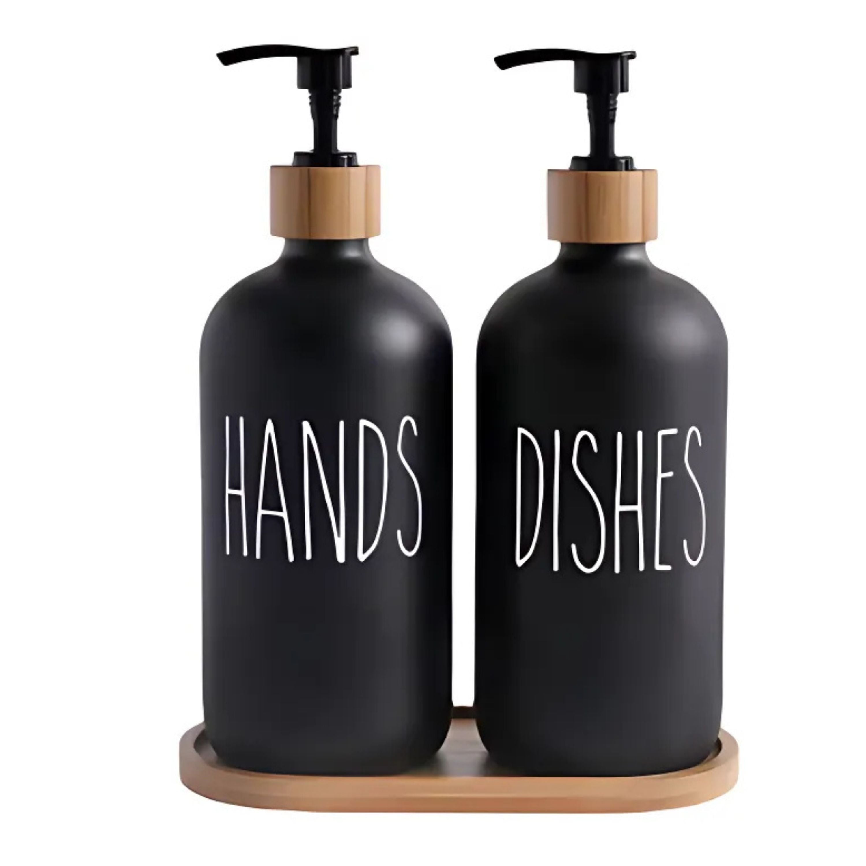 Kitcheniva Plastic Soap Dispenser Set with Bamboo Tray - For Bathroom and Kitchen, Black
