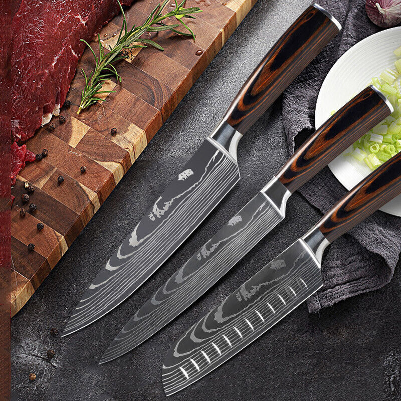 Kitcheniva 3-Pcs Stainless Steel Kitchen Knives Set Japanese Damascus Style