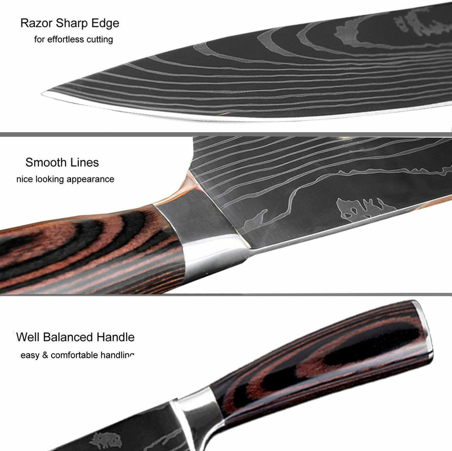 Kitcheniva 3-Pcs Stainless Steel Kitchen Knives Set Japanese Damascus Style