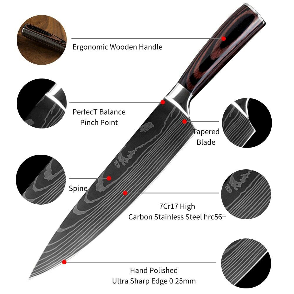 Kitcheniva 3-Pcs Stainless Steel Kitchen Knives Set Japanese Damascus Style