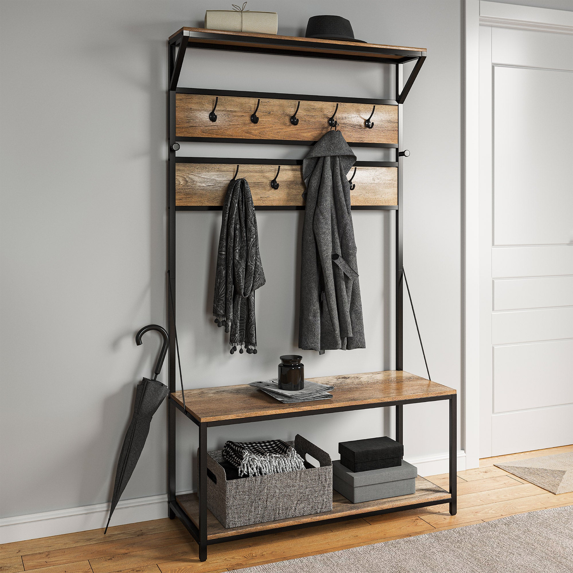 Industrial Entryway 4-In-1 Hall Tree Wood Coat