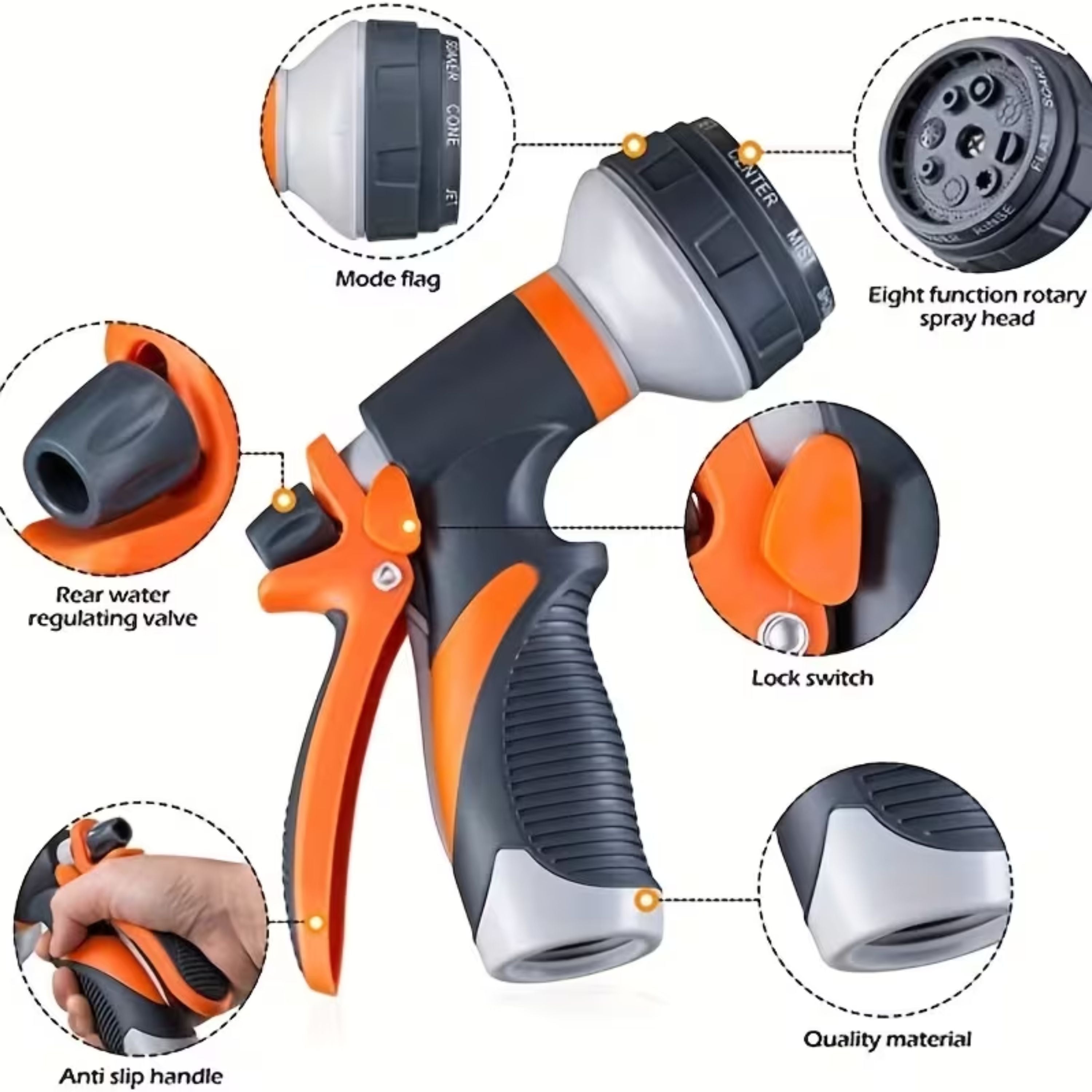 Kitcheniva Heavy-Duty Anti-Slip Hose Nozzle with 8 Adjustable Watering Patterns