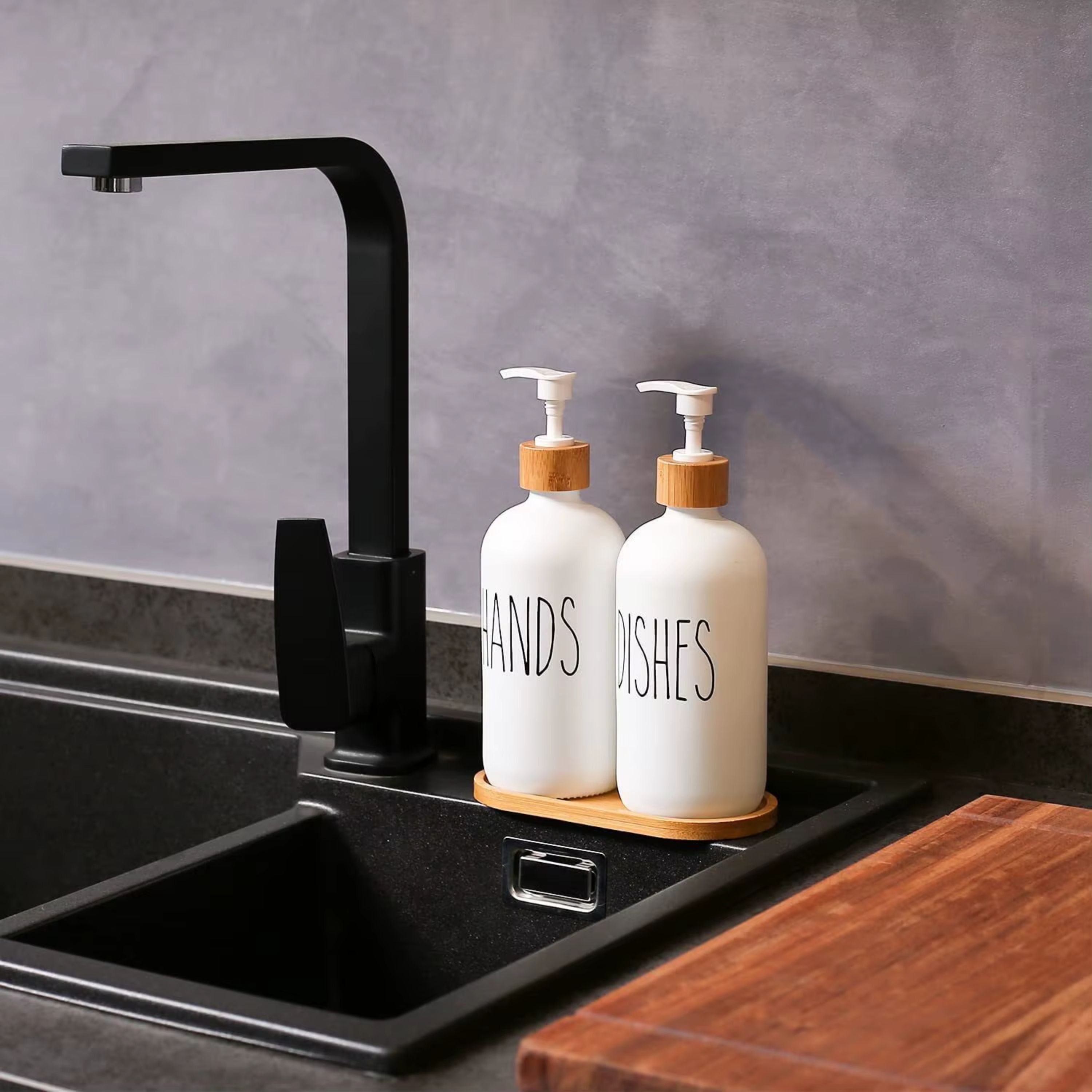 Kitcheniva Glass Soap Dispenser Set with Bamboo Tray - For Bathroom and Kitchen, White