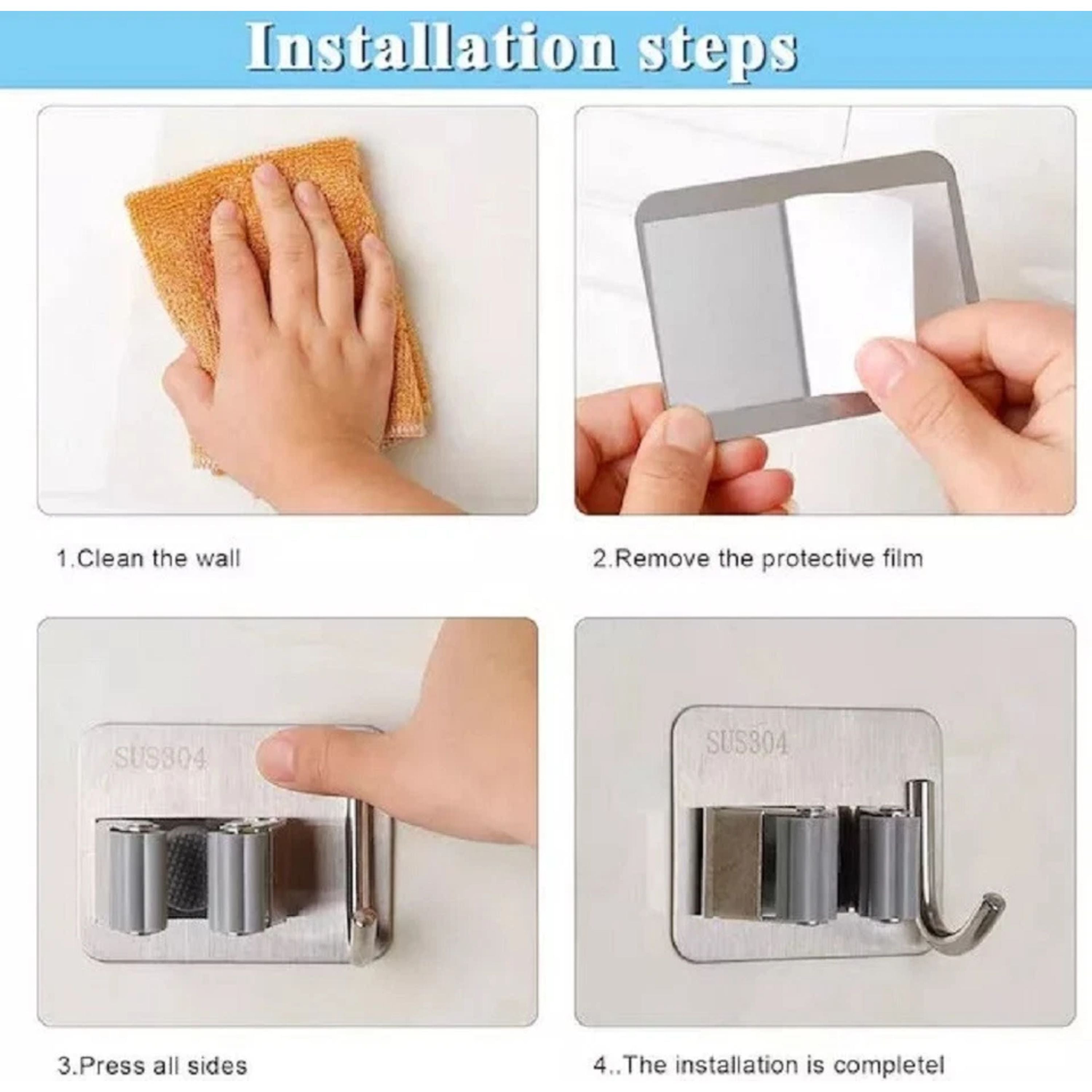 Kitcheniva Stainless Steel Mop & Broom Holder Set 4 Pcs