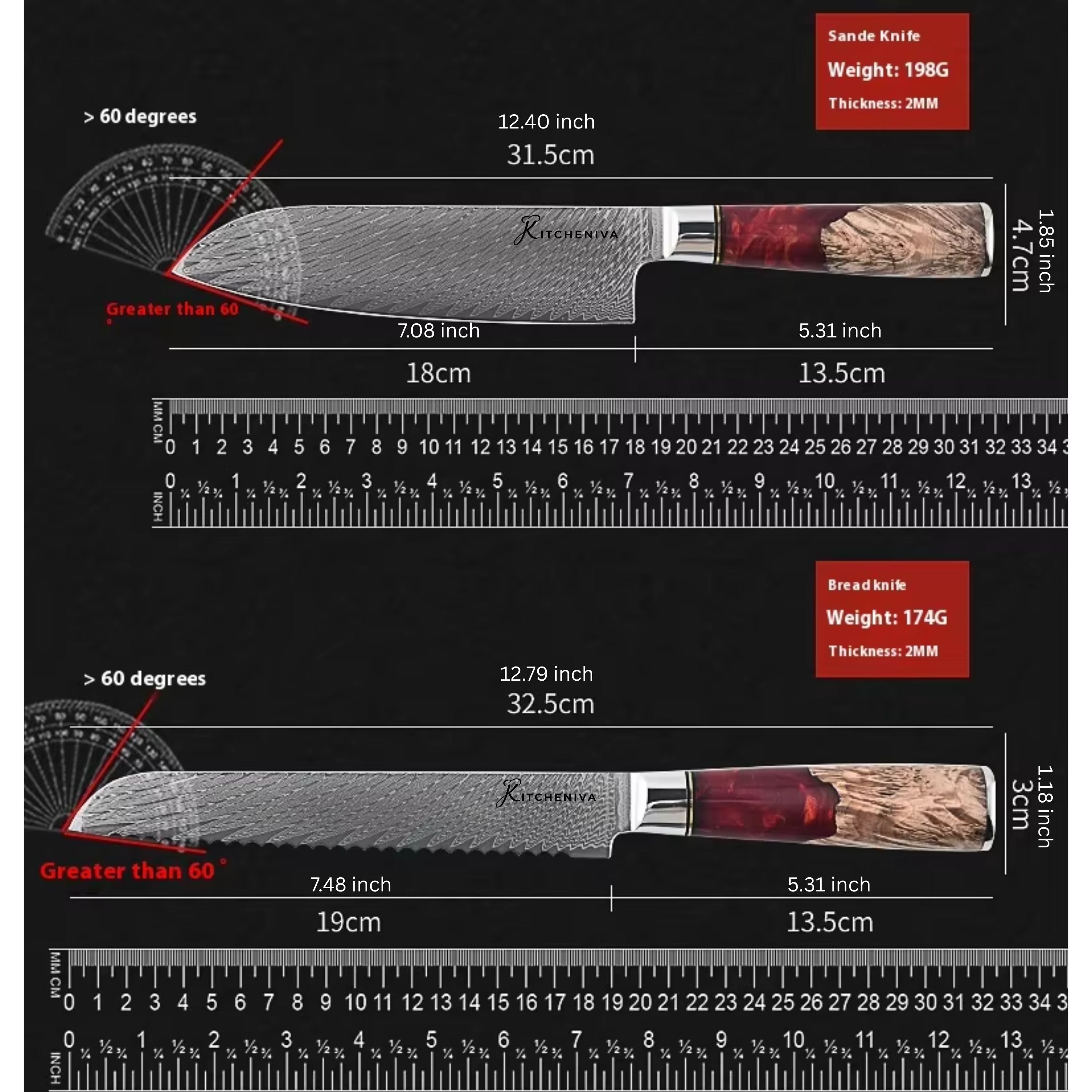 Kitcheniva 6-Piece VG10 Core 67 Layer Damascus Steel Japanese Style Knife Set with Wood Resin Handle