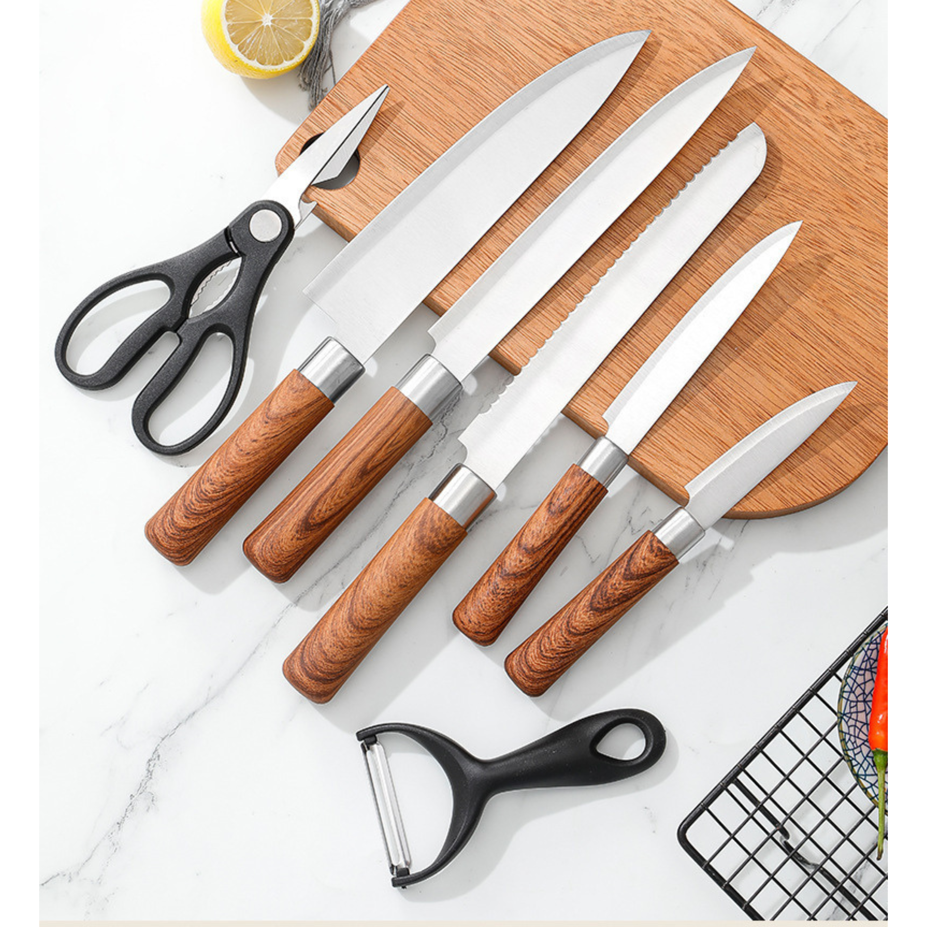 Kitcheniva 7-Piece Stainless Steel Knife Set with Wooden Handles