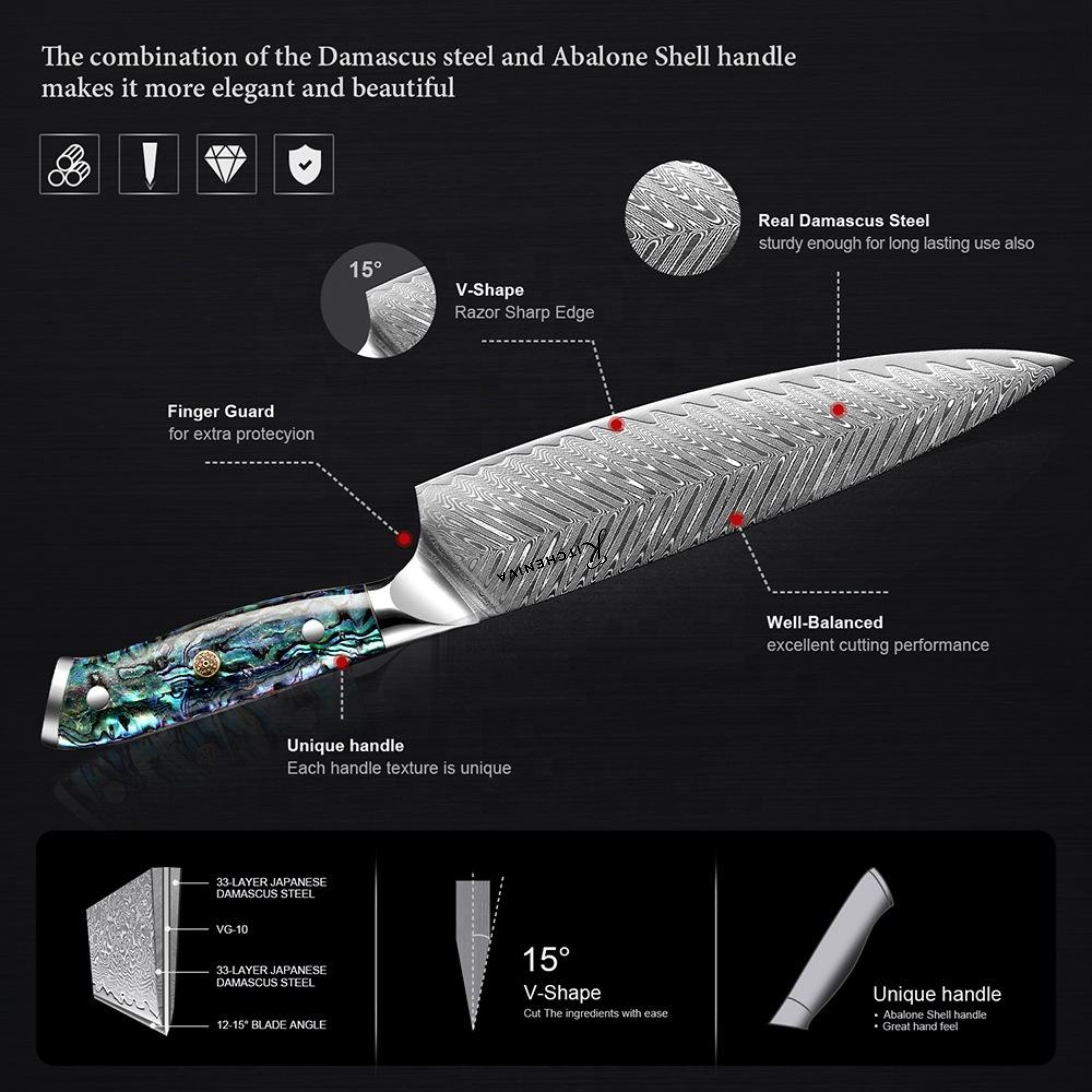 Kitcheniva 4-Piece VG10 Core 67 Layer Damascus Steel Knife Set with Abalone Shell Resin Handle