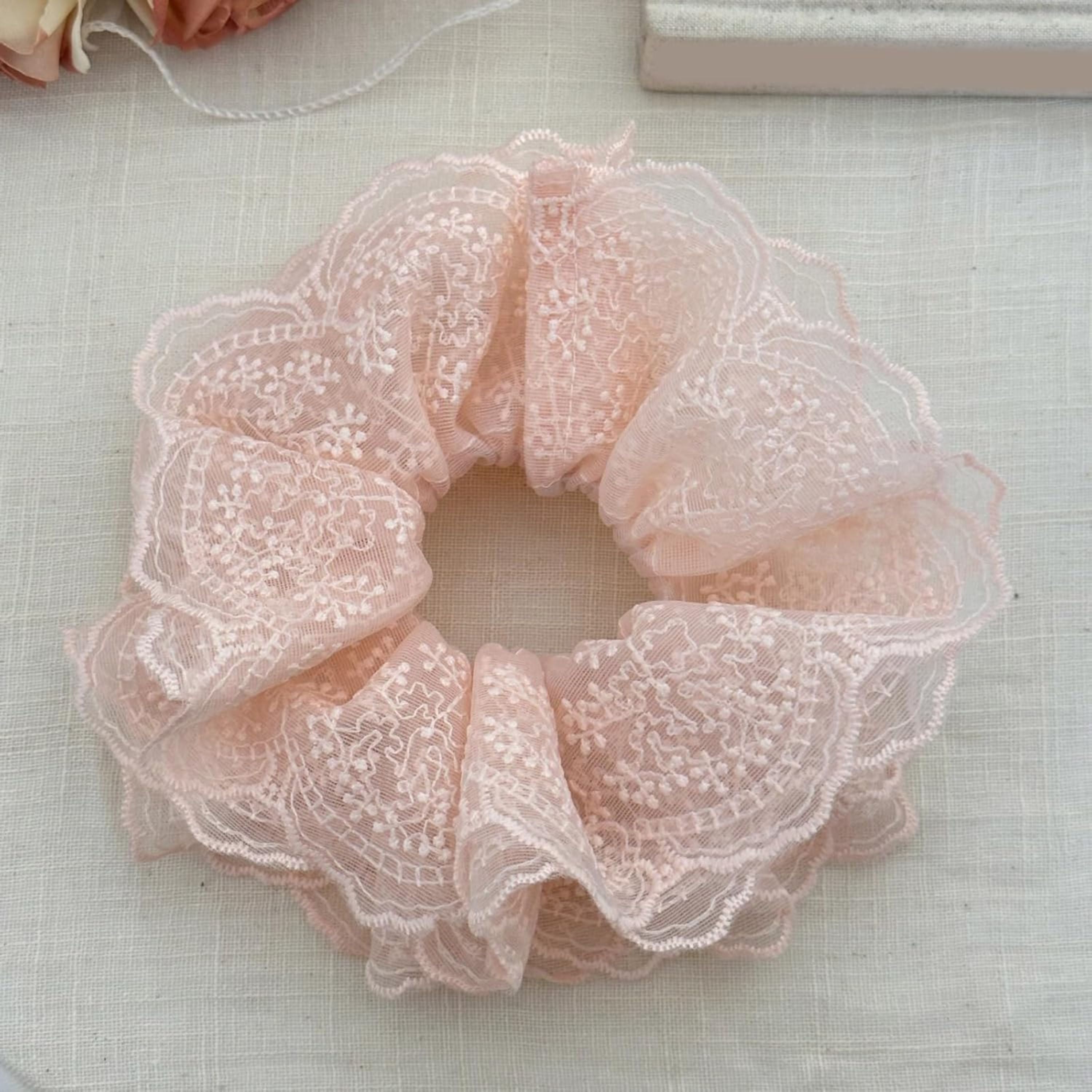 Kitcheniva Large Embroidered Lace Scrunchie 1 Pcs, Pink