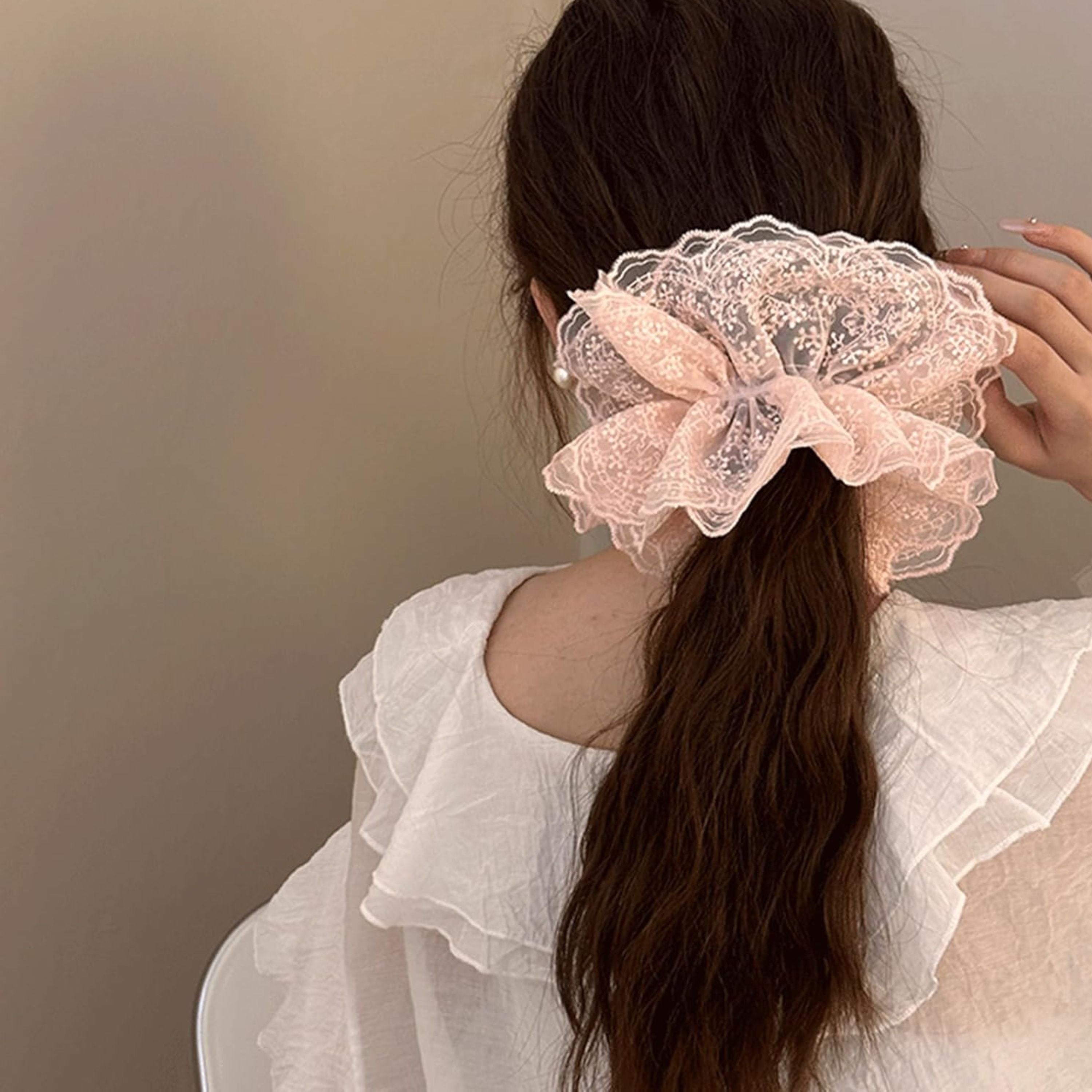Kitcheniva Large Embroidered Lace Scrunchie 1 Pcs, Pink