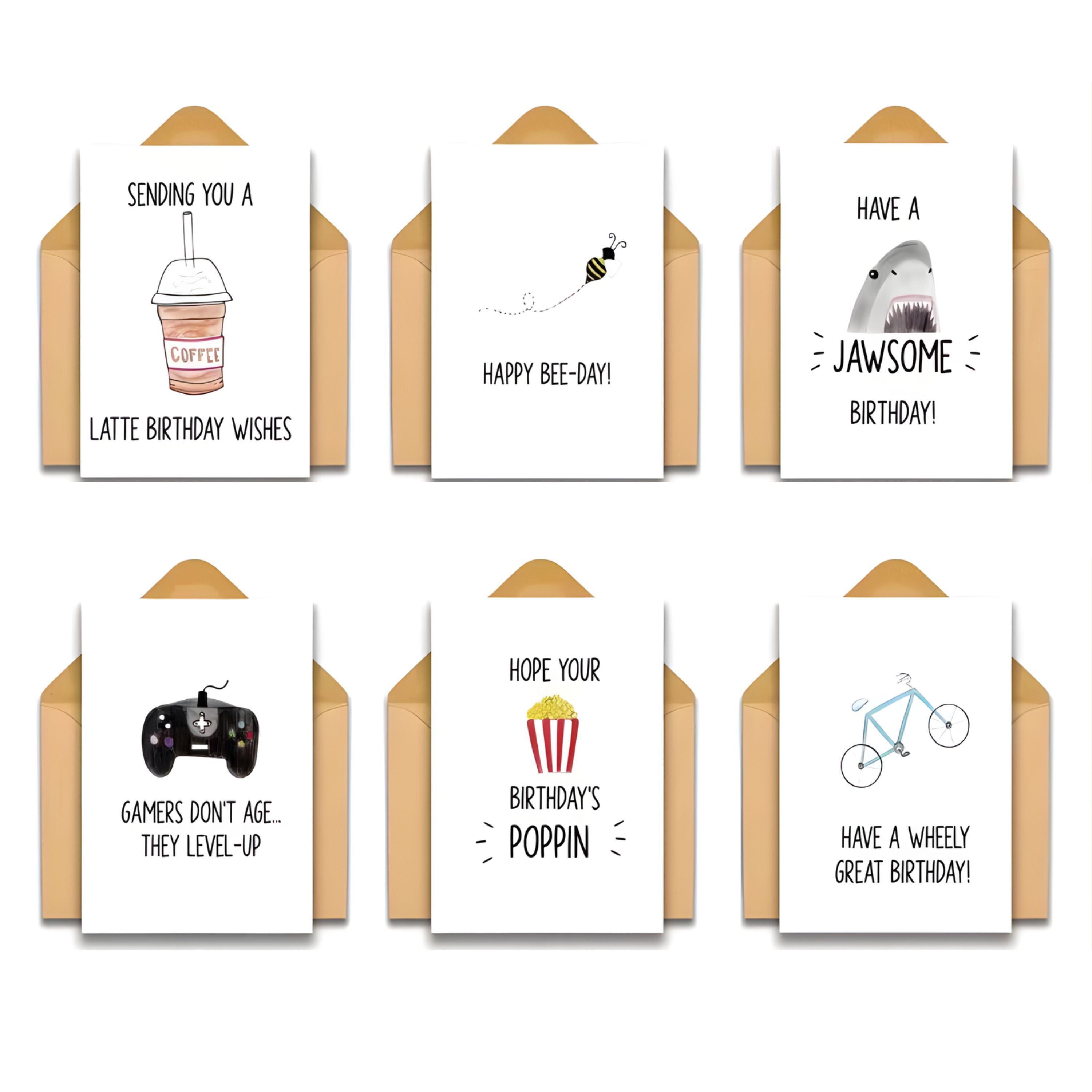 Kitcheniva Small 6 Pack Humorous Assorted Birthday Cards with Envelopes, (3.5x5 In, Blank Inside)