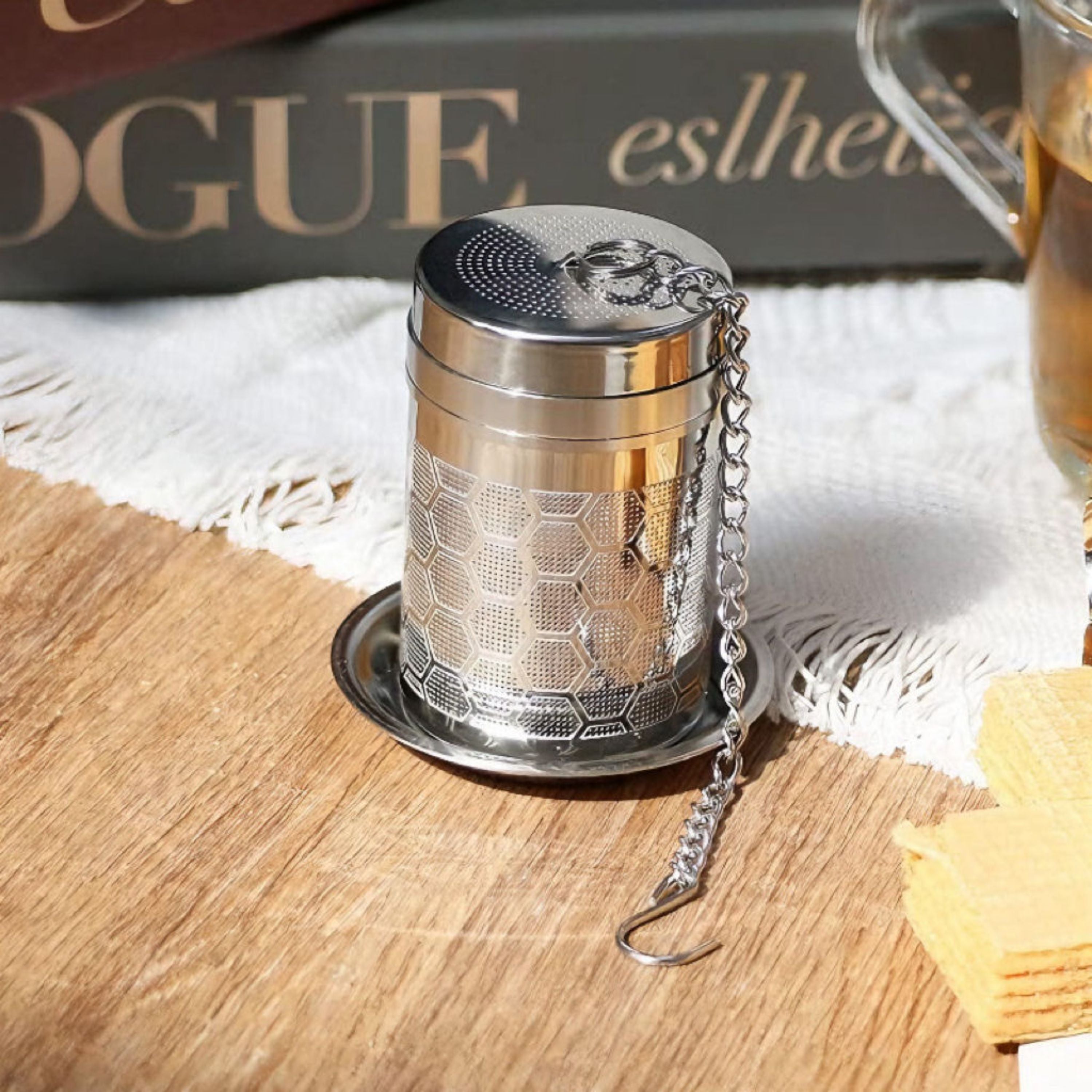 Kitcheniva Stainless Steel Fine Mesh Tea Infuser with Chain & Drip Tray