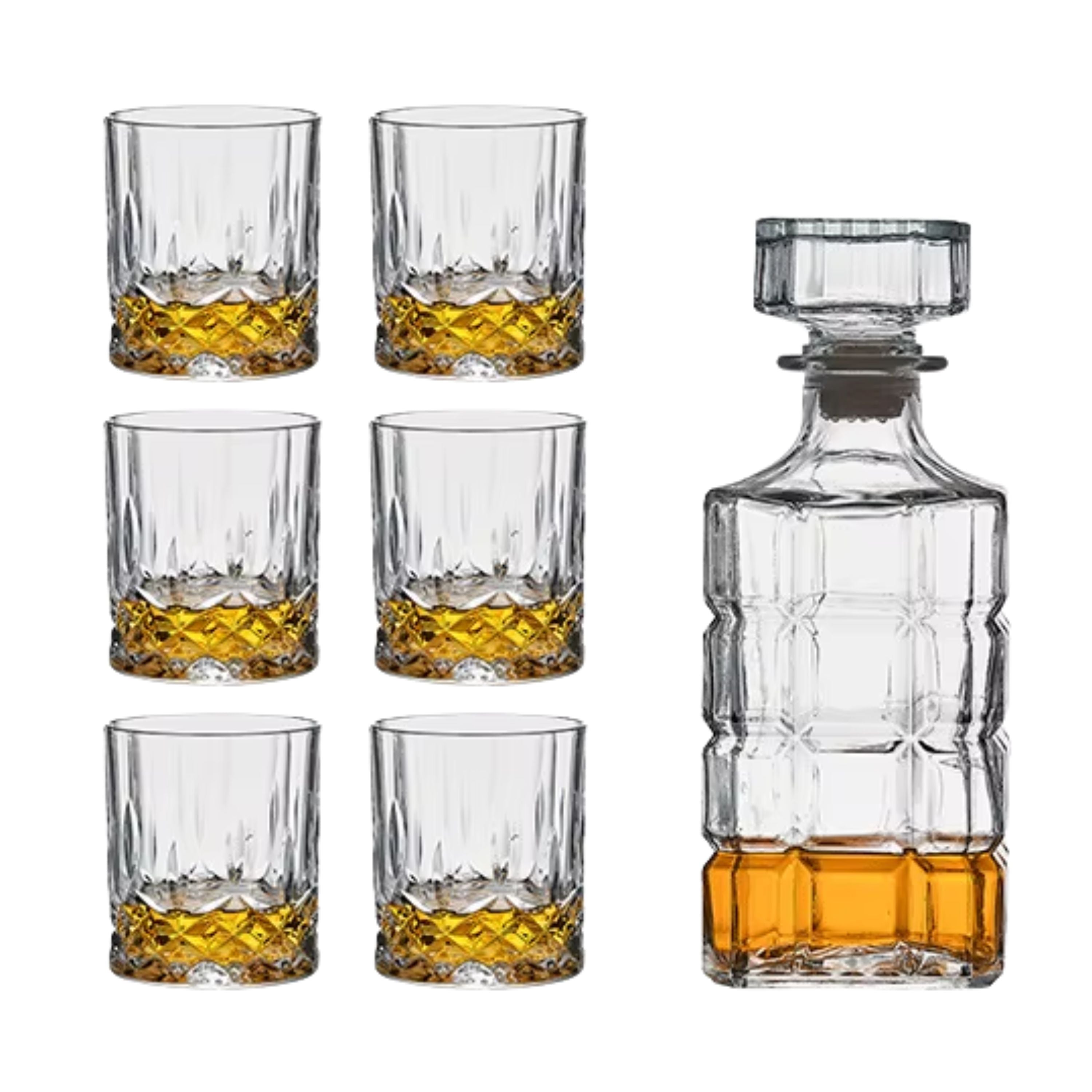 Kitcheniva 25 oz Square Pattern Glass Whiskey Decanter Set with Stopper - Includes 6 Glasses (7.4 oz)