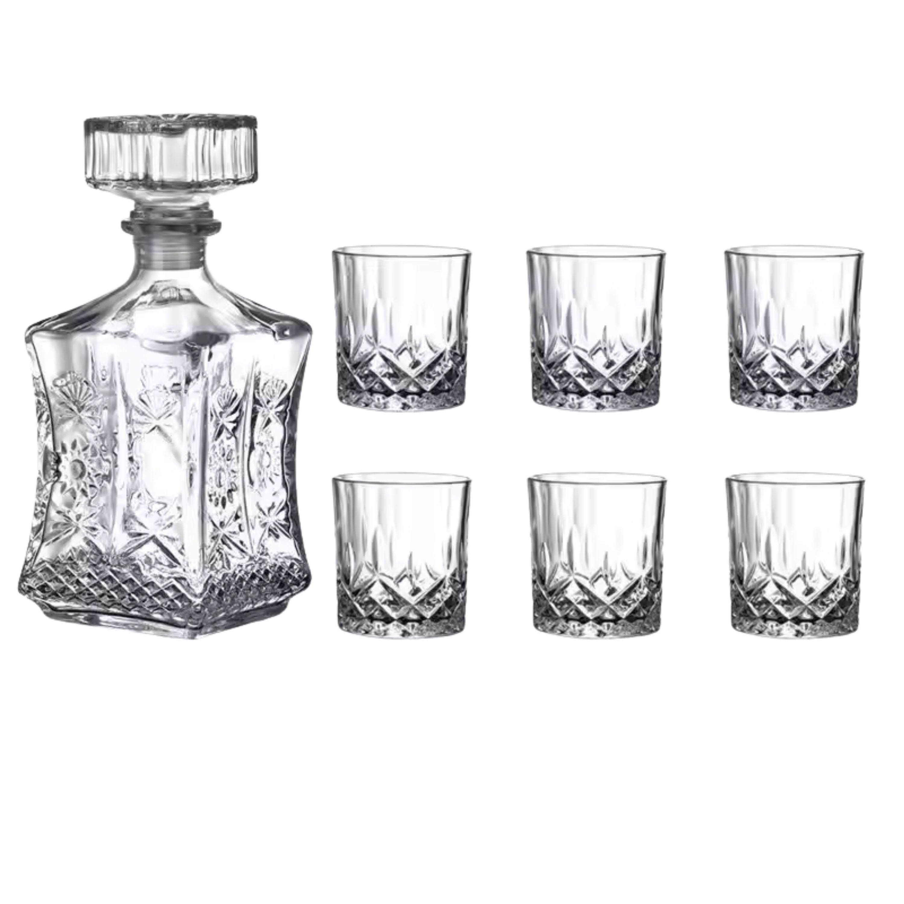 Kitcheniva 25 oz Stylish Glass Whiskey Decanter Set with Stopper - Includes 6 Glasses (7.4 oz)