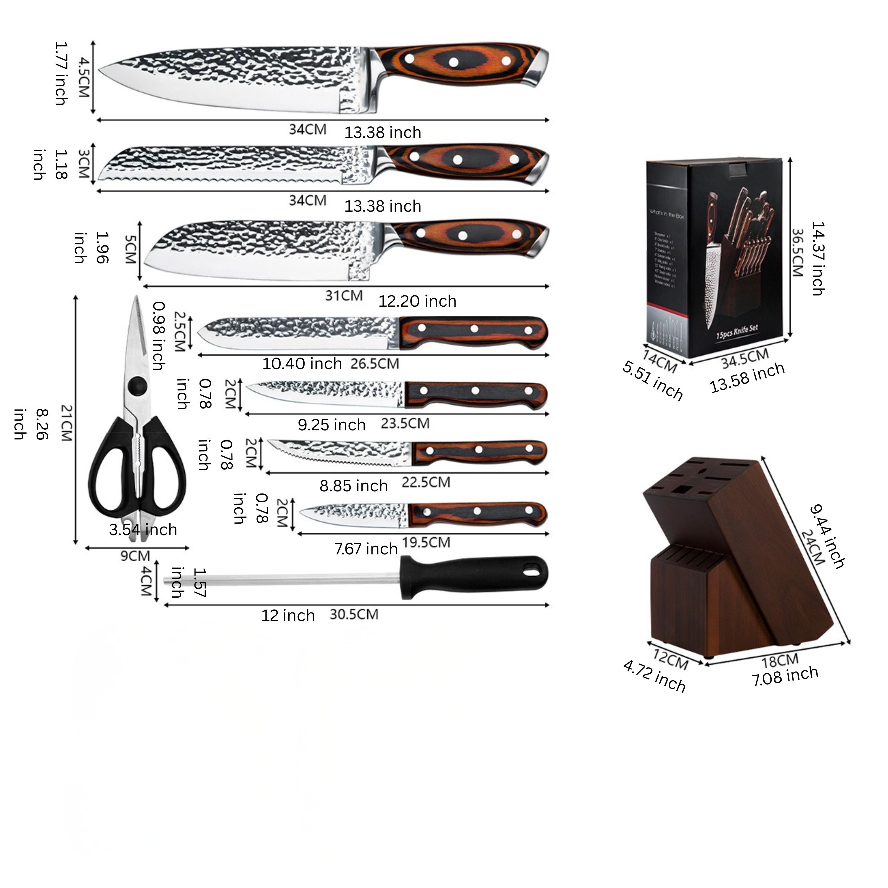 Kitcheniva 15-Piece Stainless Steel Hammer Forged Knife Set with Wooden Block and Handle