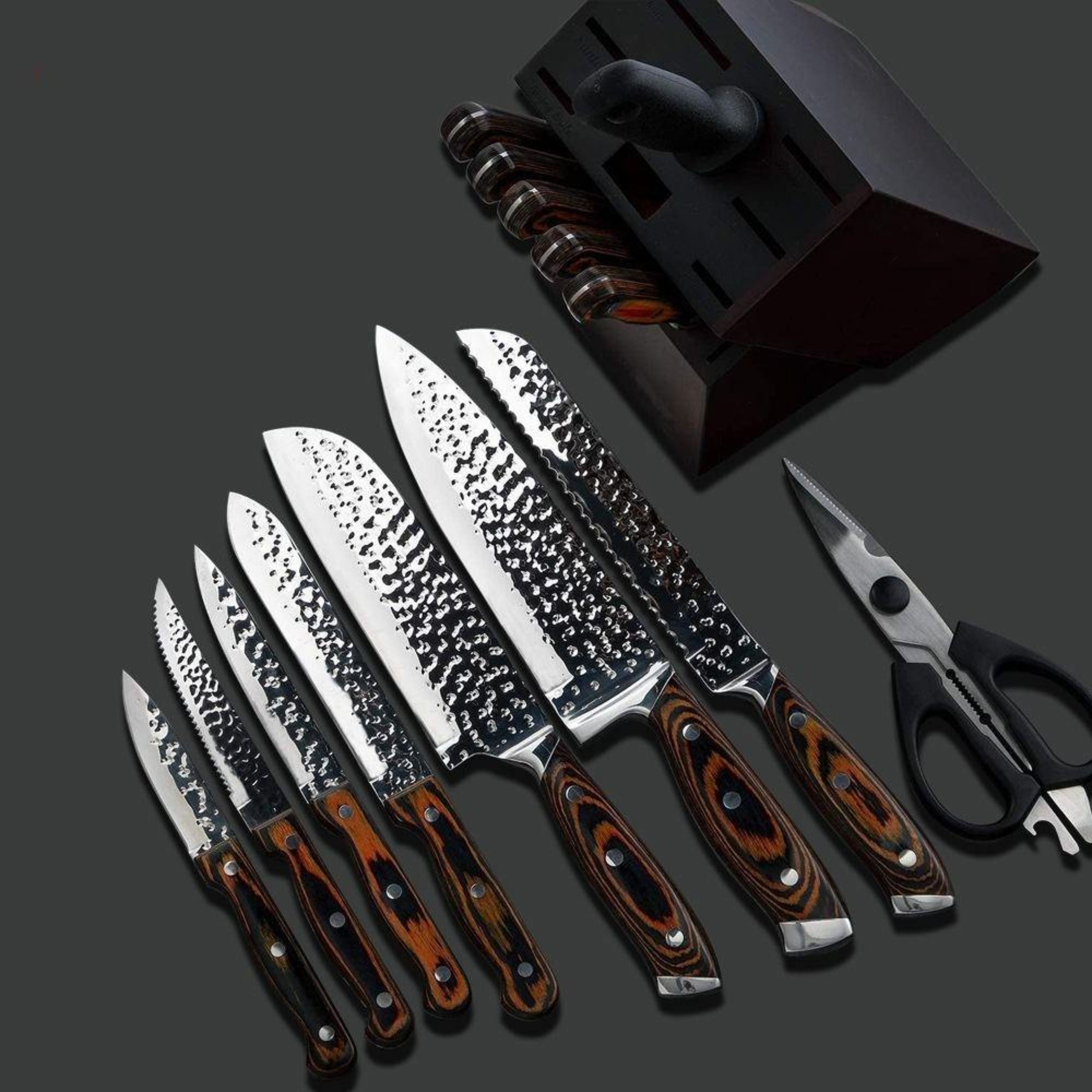 Kitcheniva 15-Piece Stainless Steel Hammer Forged Knife Set with Wooden Block and Handle