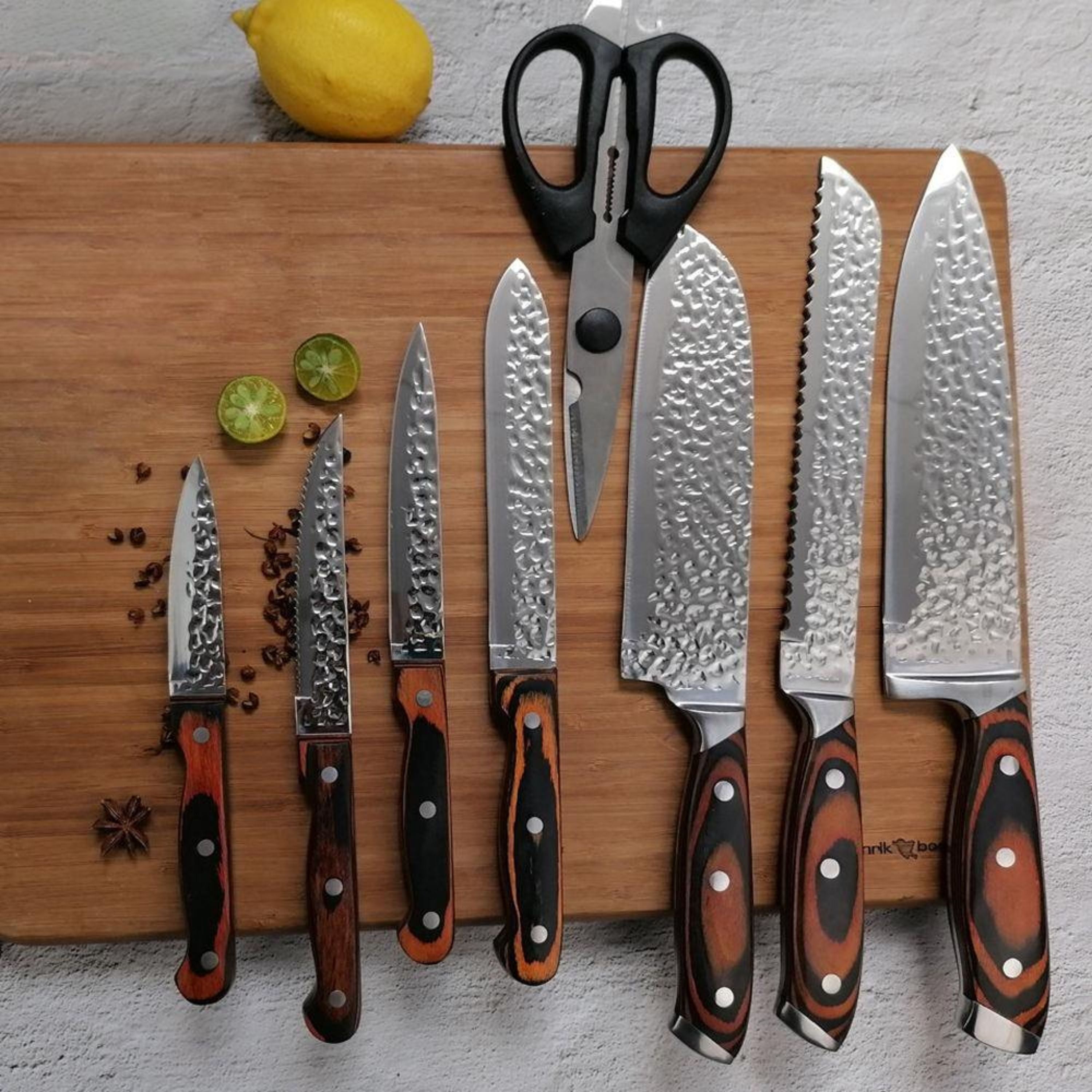 Kitcheniva 15-Piece Stainless Steel Hammer Forged Knife Set with Wooden Block and Handle