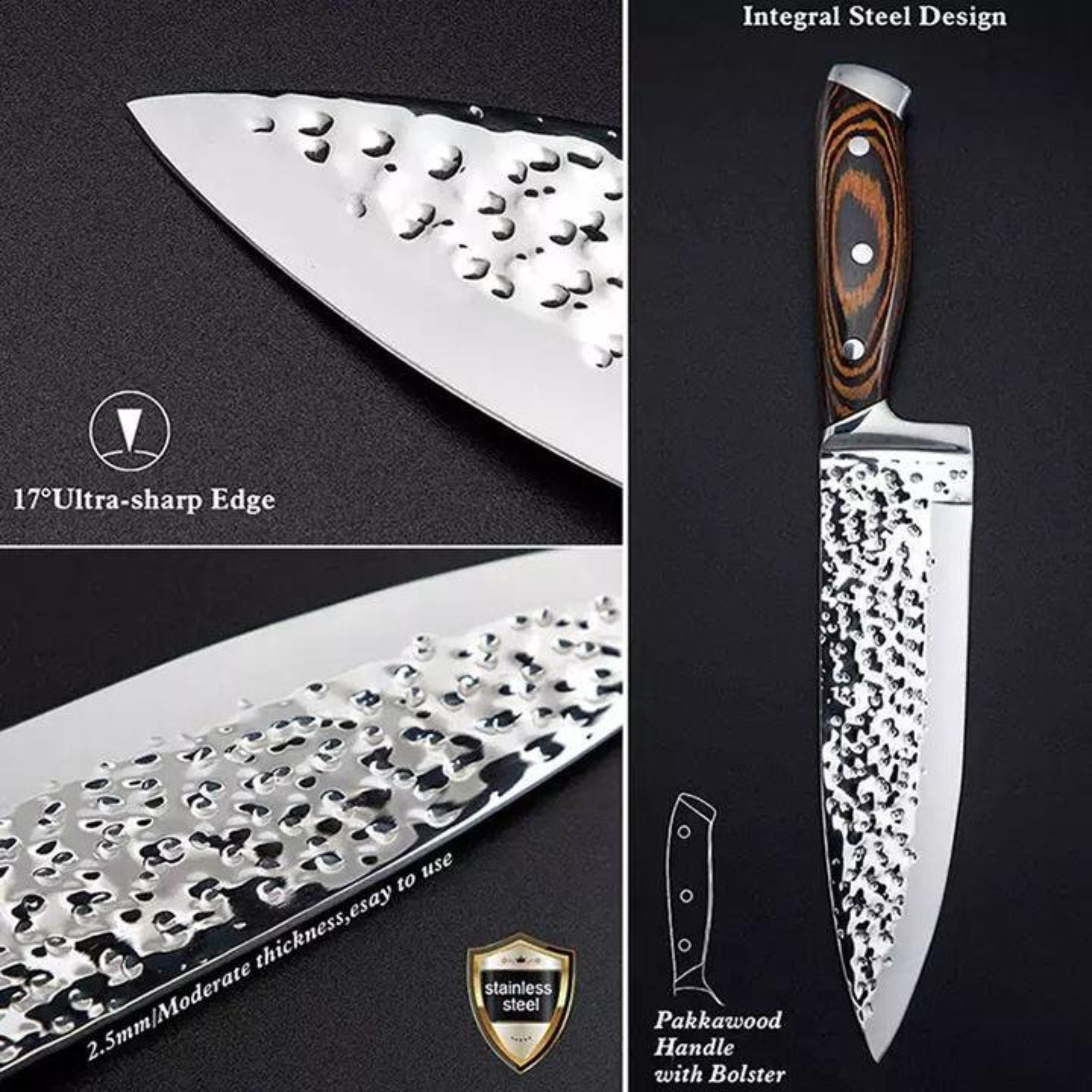 Kitcheniva 15-Piece Stainless Steel Hammer Forged Knife Set with Wooden Block and Handle