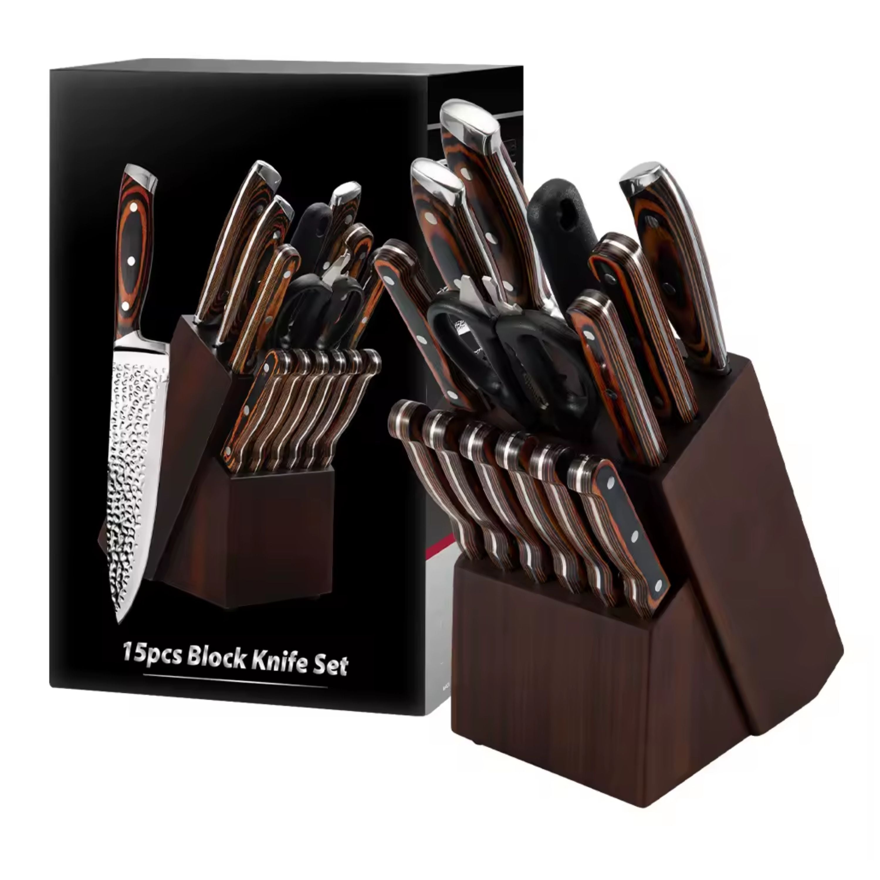 Kitcheniva 15-Piece Stainless Steel Hammer Forged Knife Set with Wooden Block and Handle