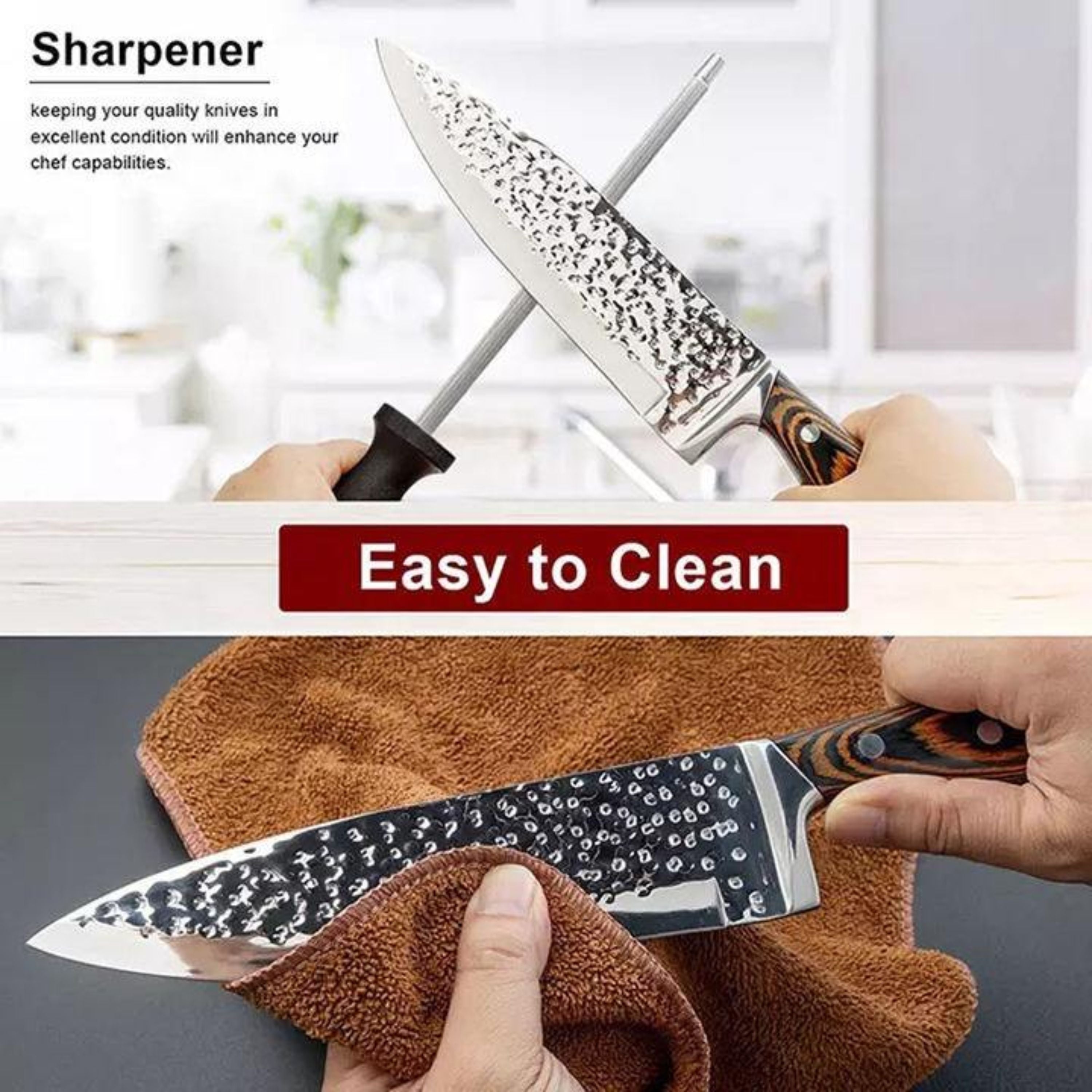 Kitcheniva 15-Piece Stainless Steel Hammer Forged Knife Set with Wooden Block and Handle