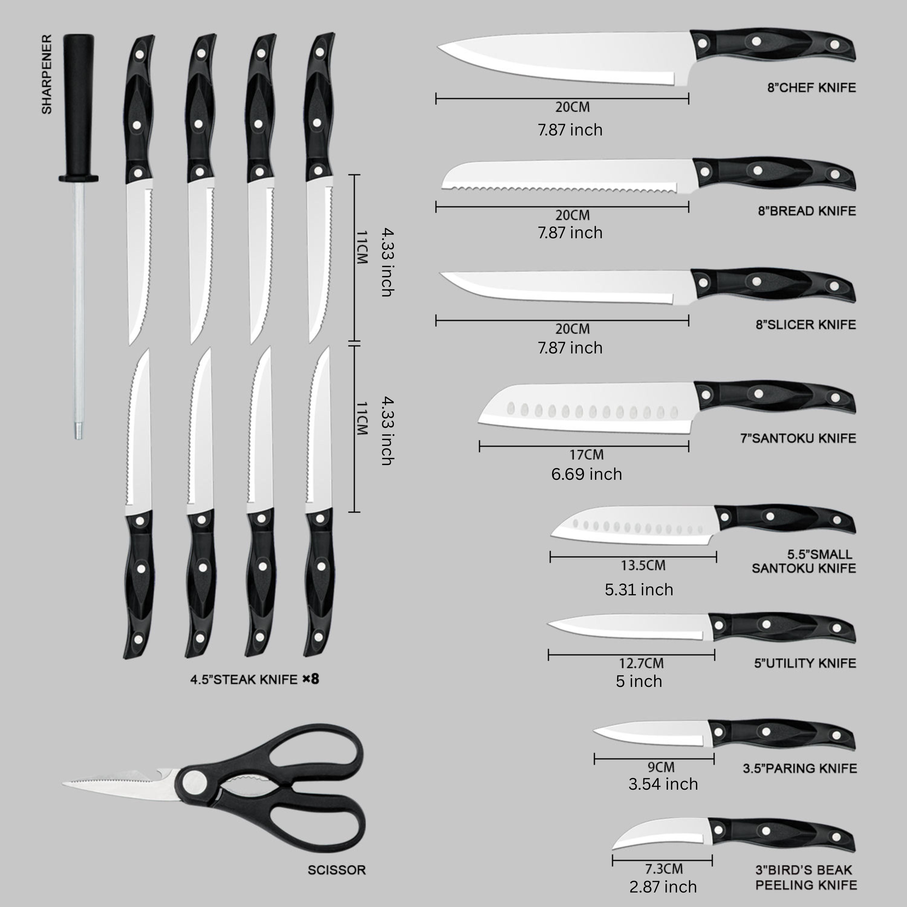 Kitcheniva 19-Piece Stainless Steel Knife Set with Oak Wood Block & ABS Handles