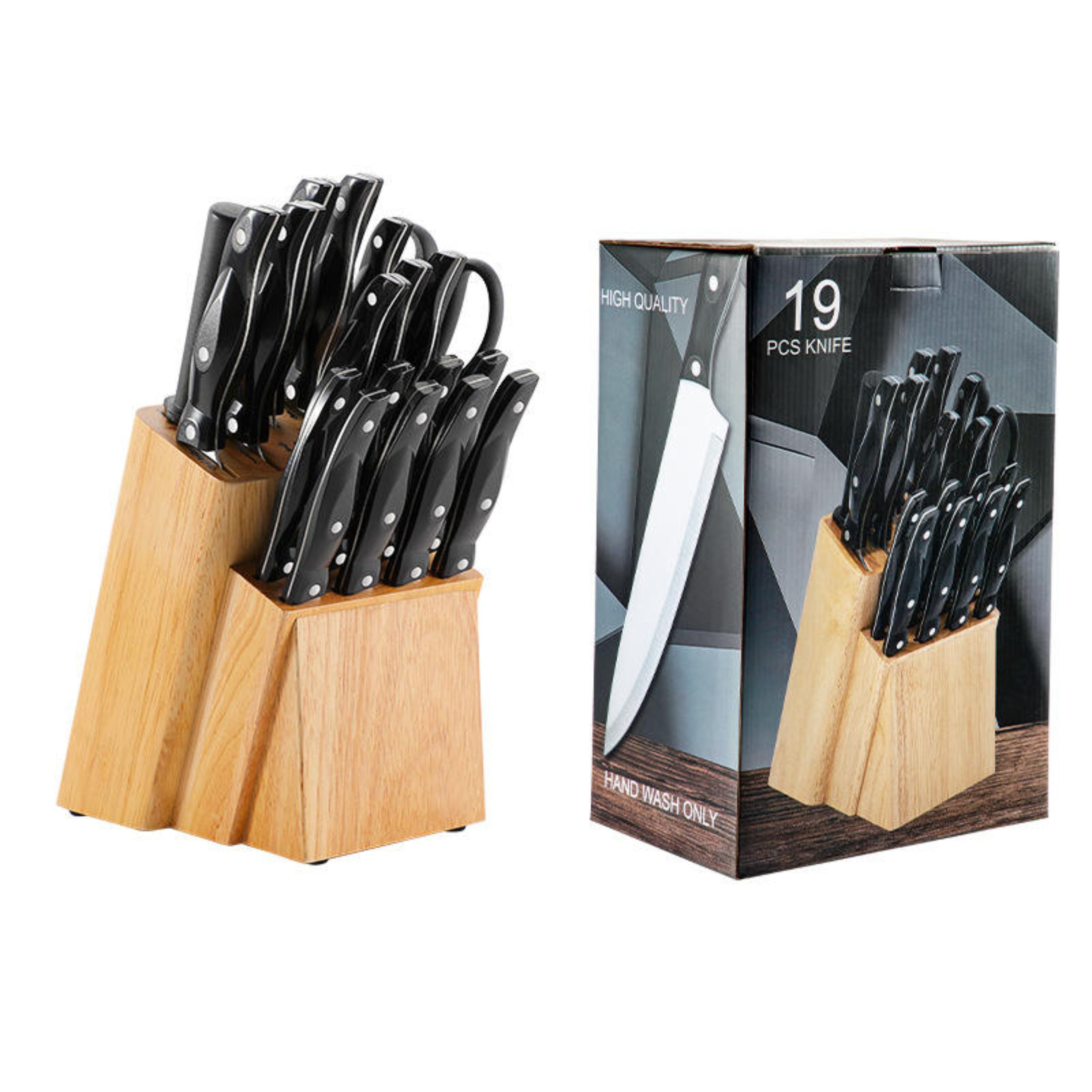 Kitcheniva 19-Piece Stainless Steel Knife Set with Oak Wood Block & ABS Handles