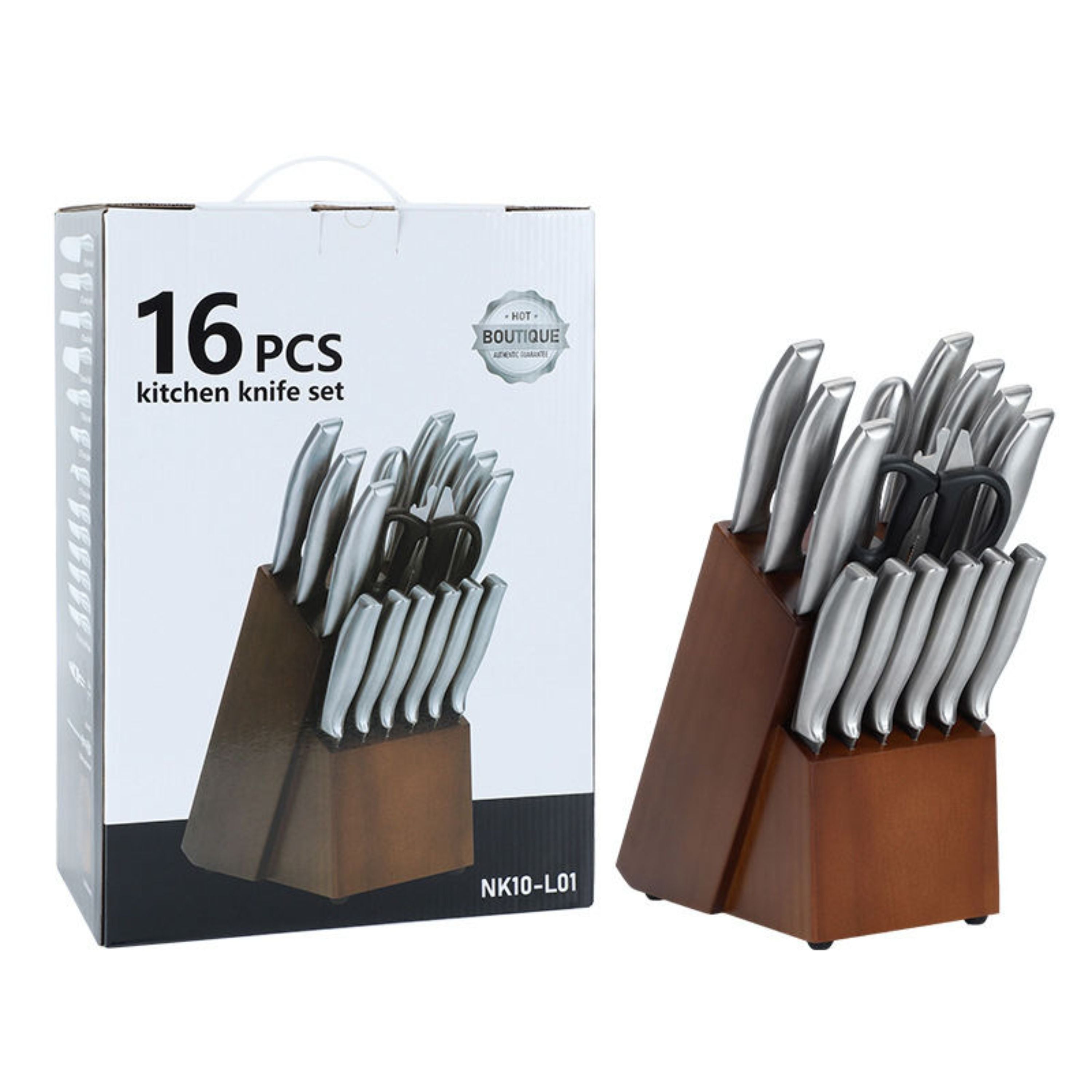 Kitcheniva 16-Piece Stainless Steel Knife Set with Wood Block and Hollow Handle