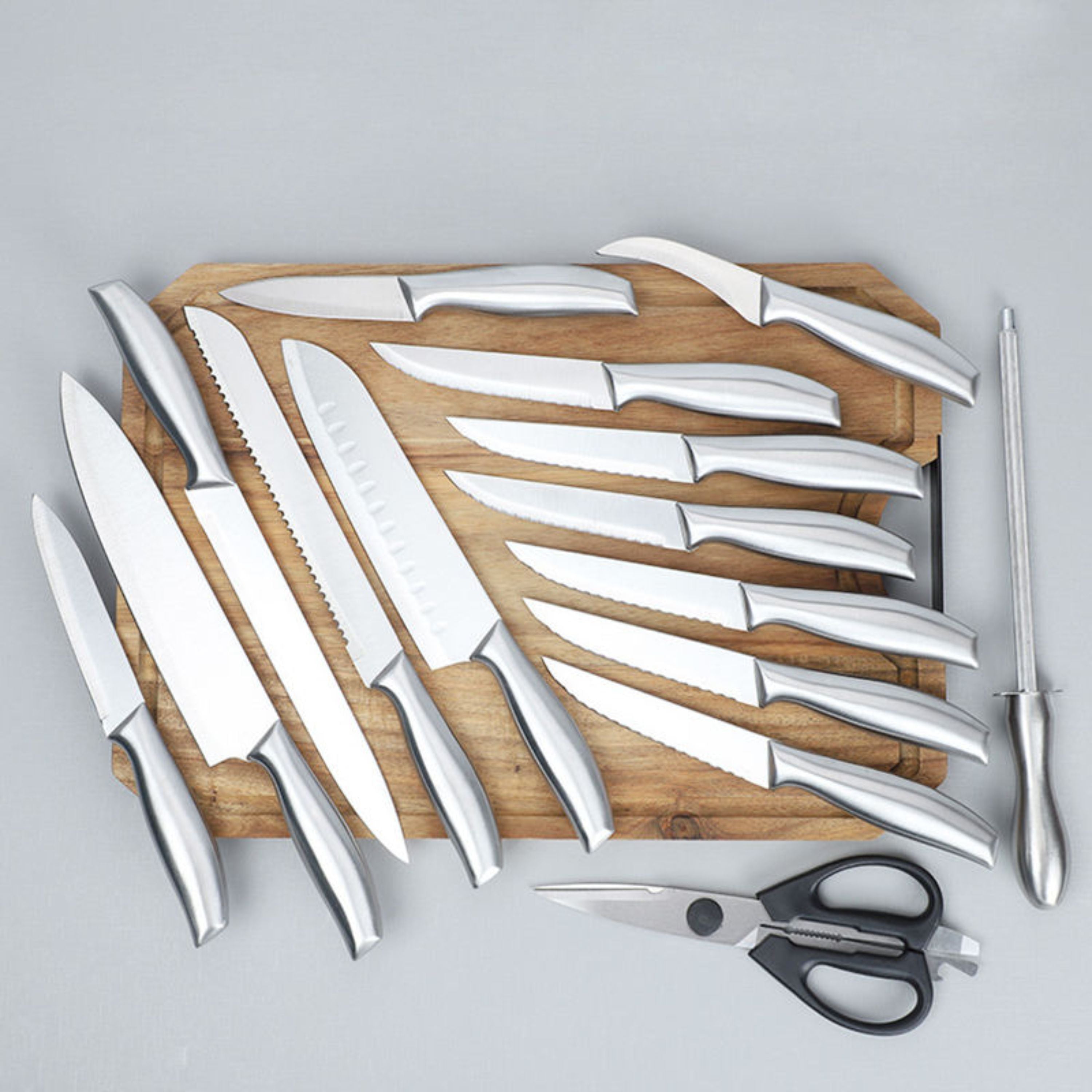 Kitcheniva 16-Piece Stainless Steel Knife Set with Wood Block and Hollow Handle