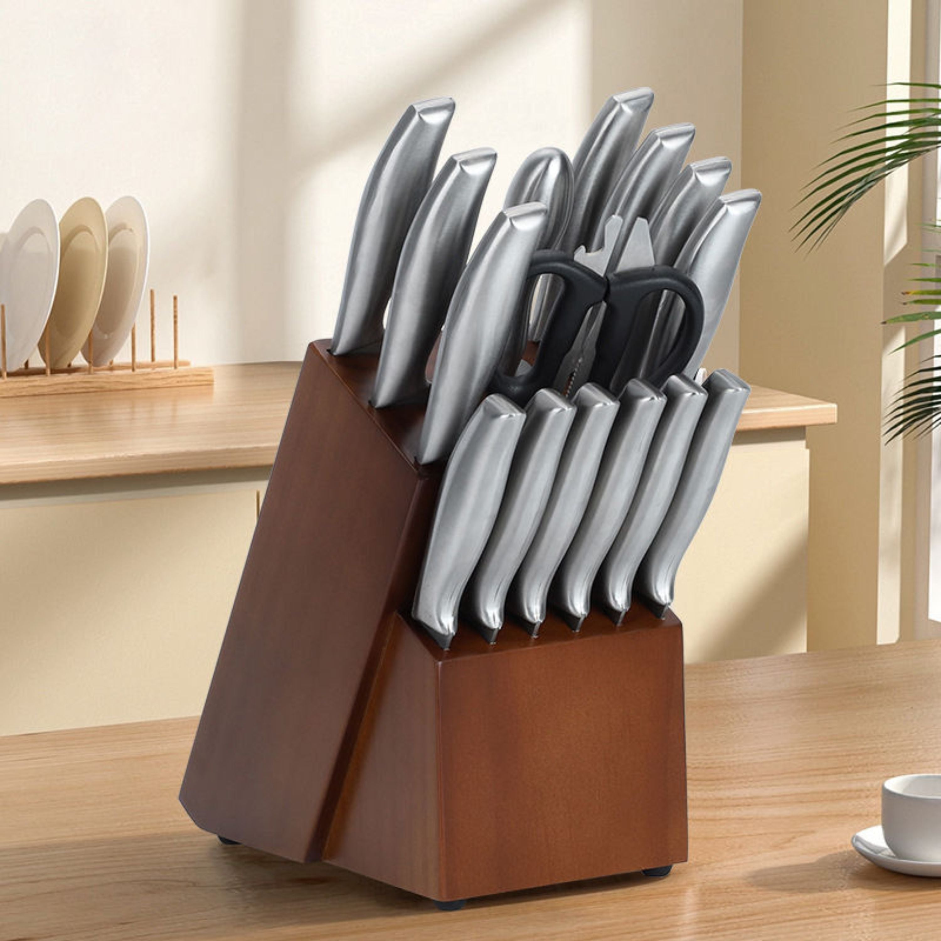 Kitcheniva 16-Piece Stainless Steel Knife Set with Wood Block and Hollow Handle