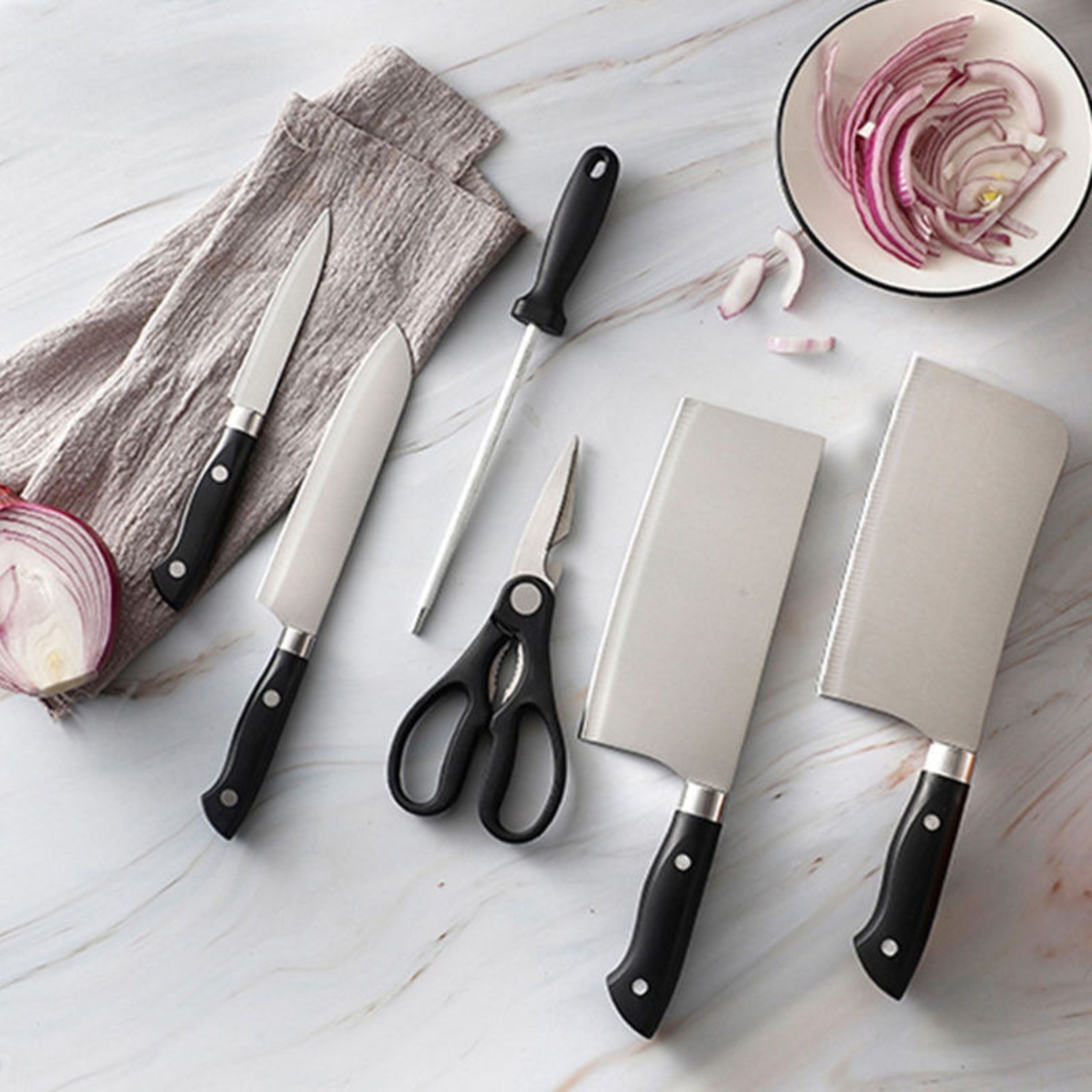 Kitcheniva 7-Piece Stainless Steel Knife Set with Plastic Block and Handle