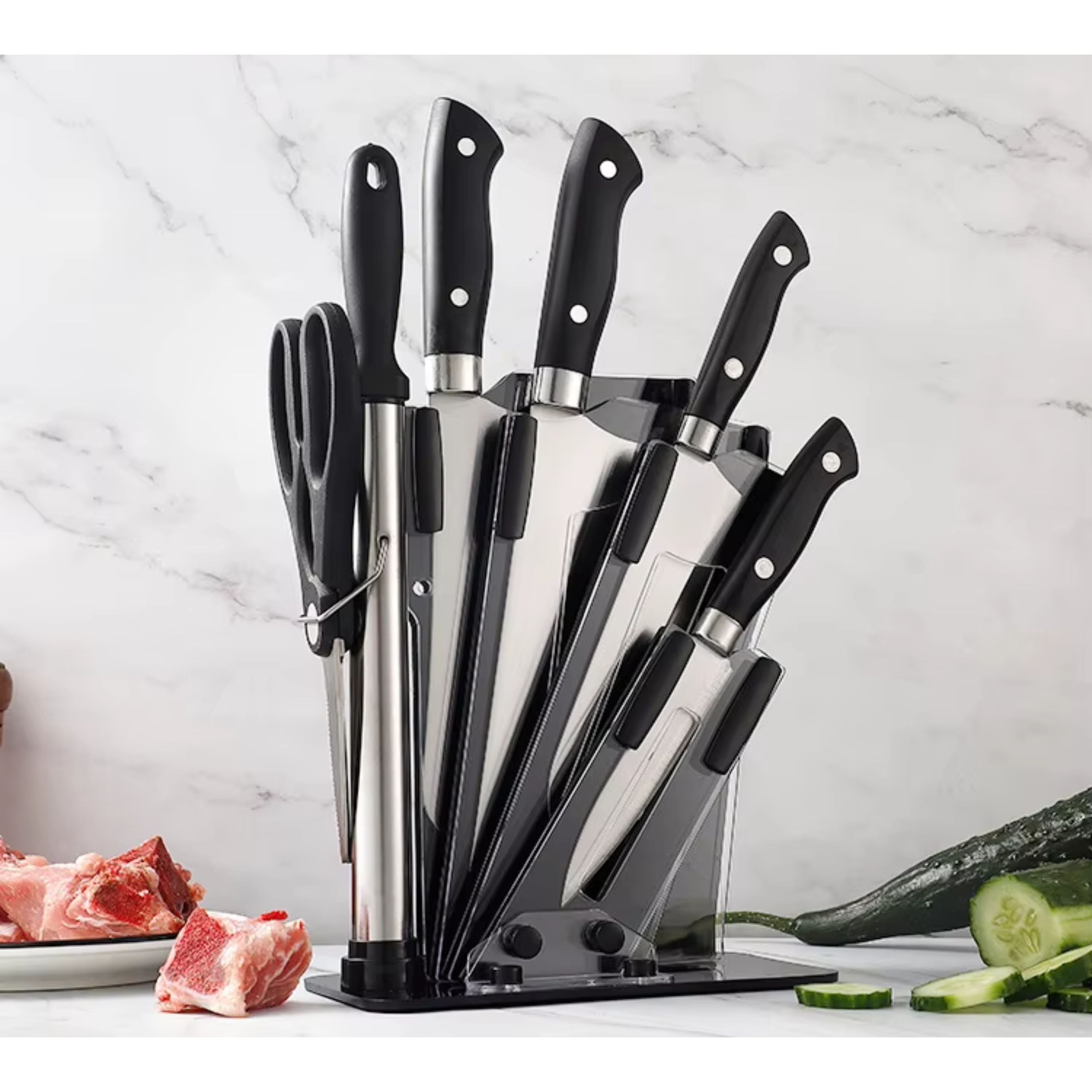 Kitcheniva 7-Piece Stainless Steel Knife Set with Plastic Block and Handle