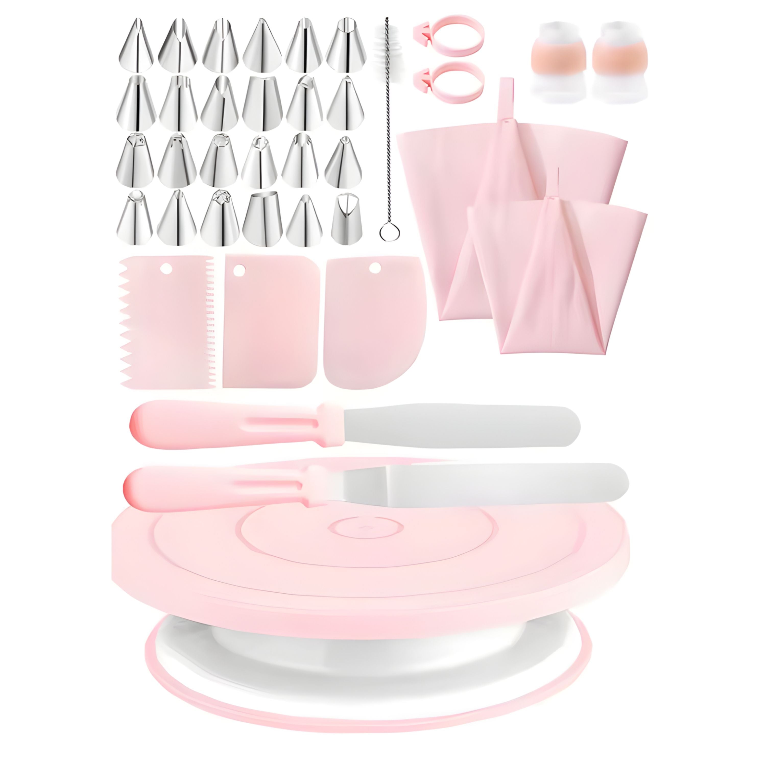 Kitcheniva 10.8" Revolving Plastic Cake Turntable Stand Set with Piping Nozzles, Reusable Bags, Scrapers, Cake Smoothers & Cleaning Brush, 37 Pcs Set