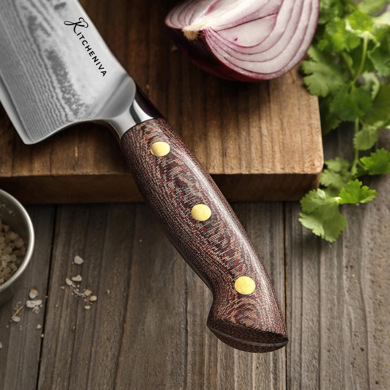 Kitcheniva 8" 67 Layer Damascus Steel Chefs Knife and 5" Carving Fork with Micarta Handle