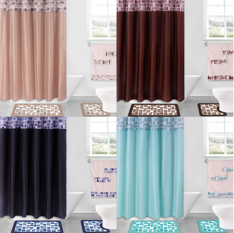 Windowtreatment 4-Piece Set Bathroom Bath Mat Rug Shower Curtain 2-Tone