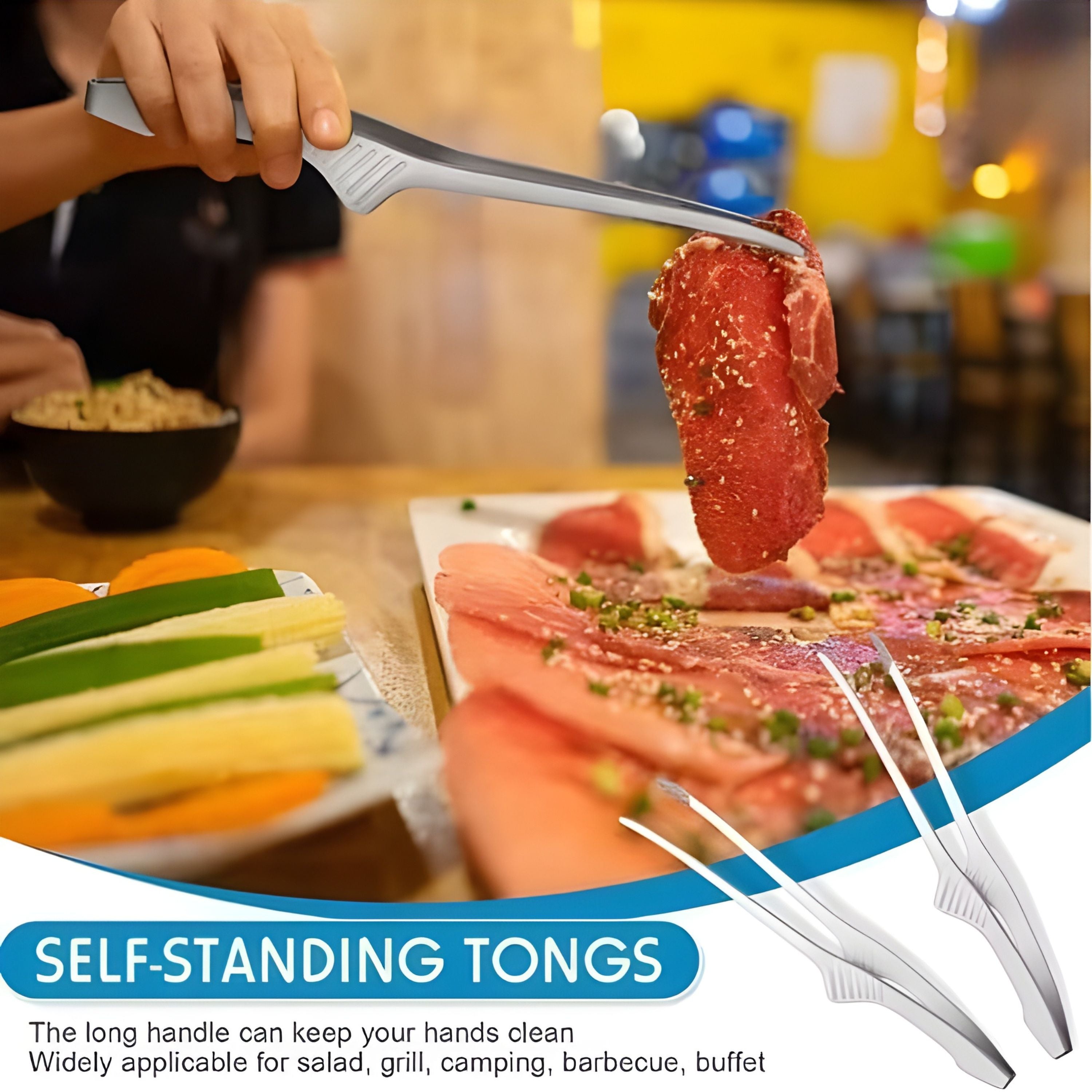 Kitcheniva Stainless Steel BBQ Tongs – Non-Slip Cooking Utensil for Grilling, Serving, Salad, Camping, Buffet