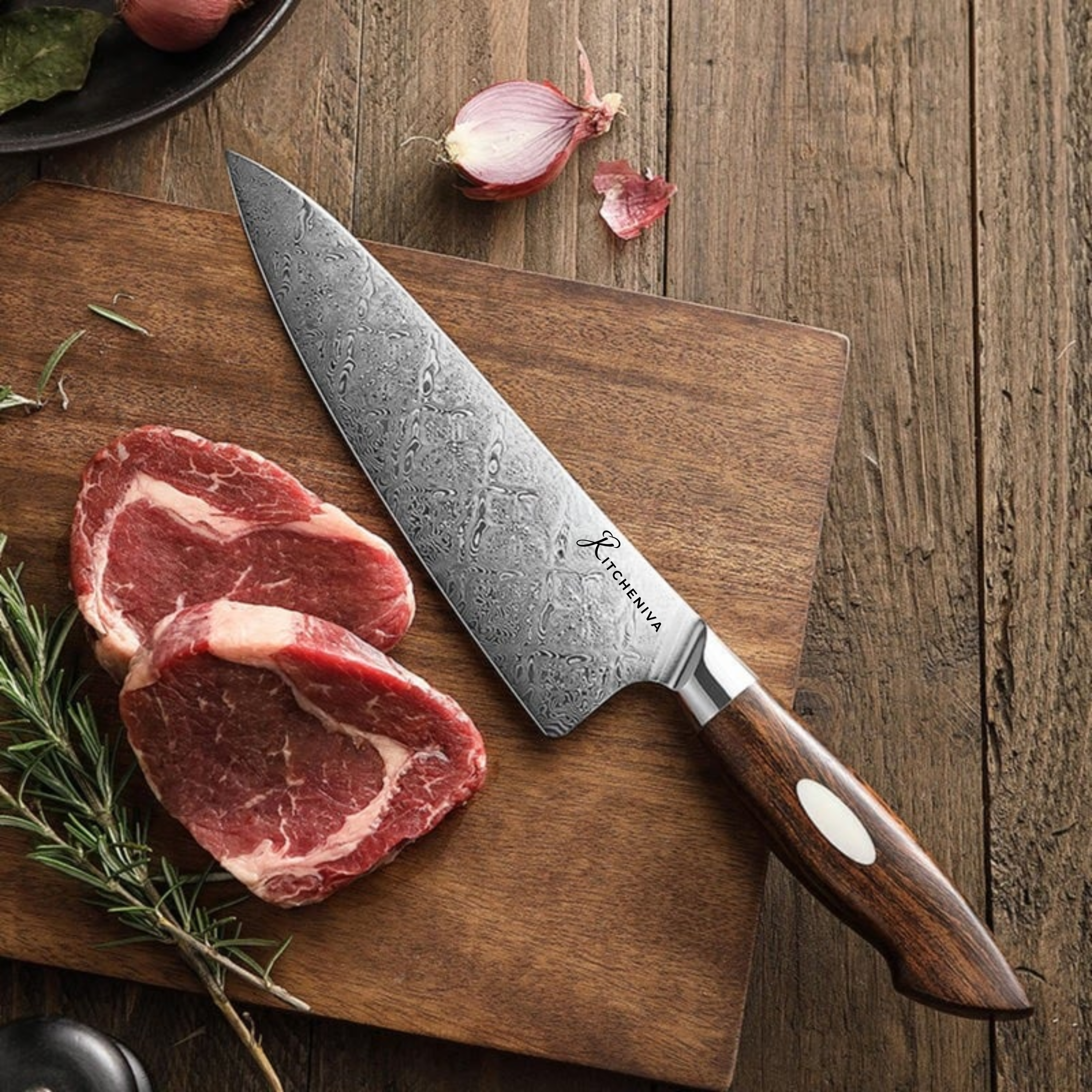 Kitcheniva 8-Inch 110 Layer Dual Core Damascus Steel Chefs Knife with Iron Wood Handle