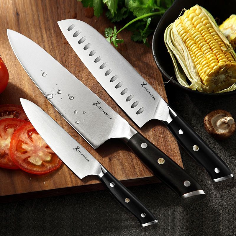 Kitcheniva 3-Piece German Stainless Steel Kitchen Knife Set with Ebony Wood Handle