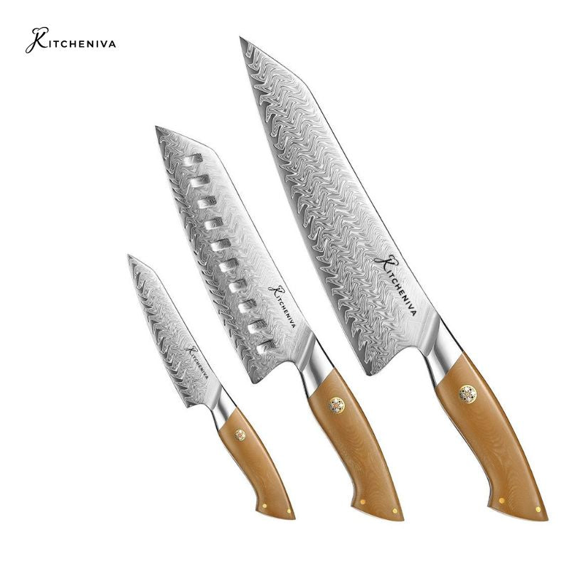 Kitcheniva 3-Piece 67 Layer Damascus Steel Kitchen Knife Set with Micarta Handle