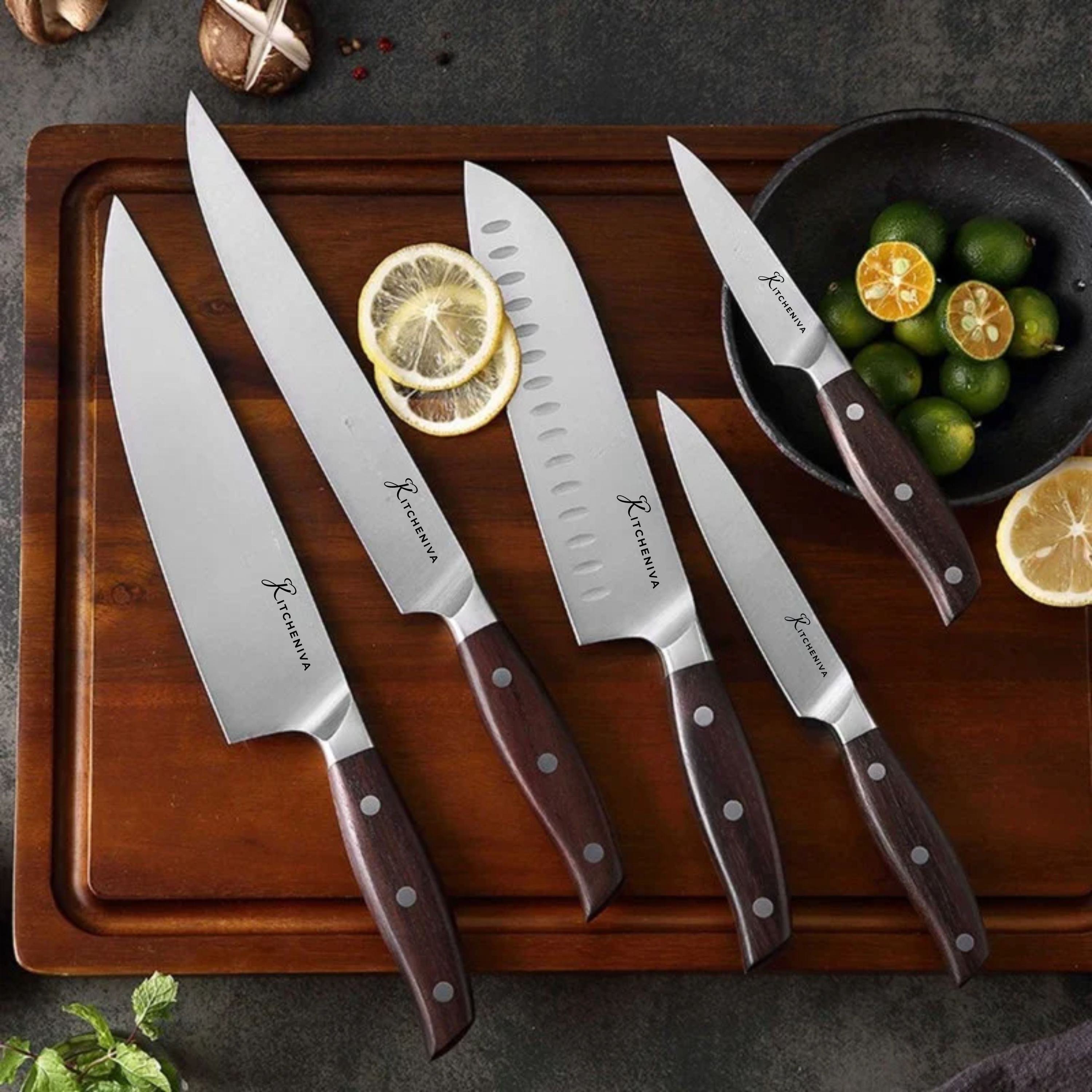 Kitcheniva 5-Piece German Stainless Steel Kitchen Knife Set with Sandal Wood Handle
