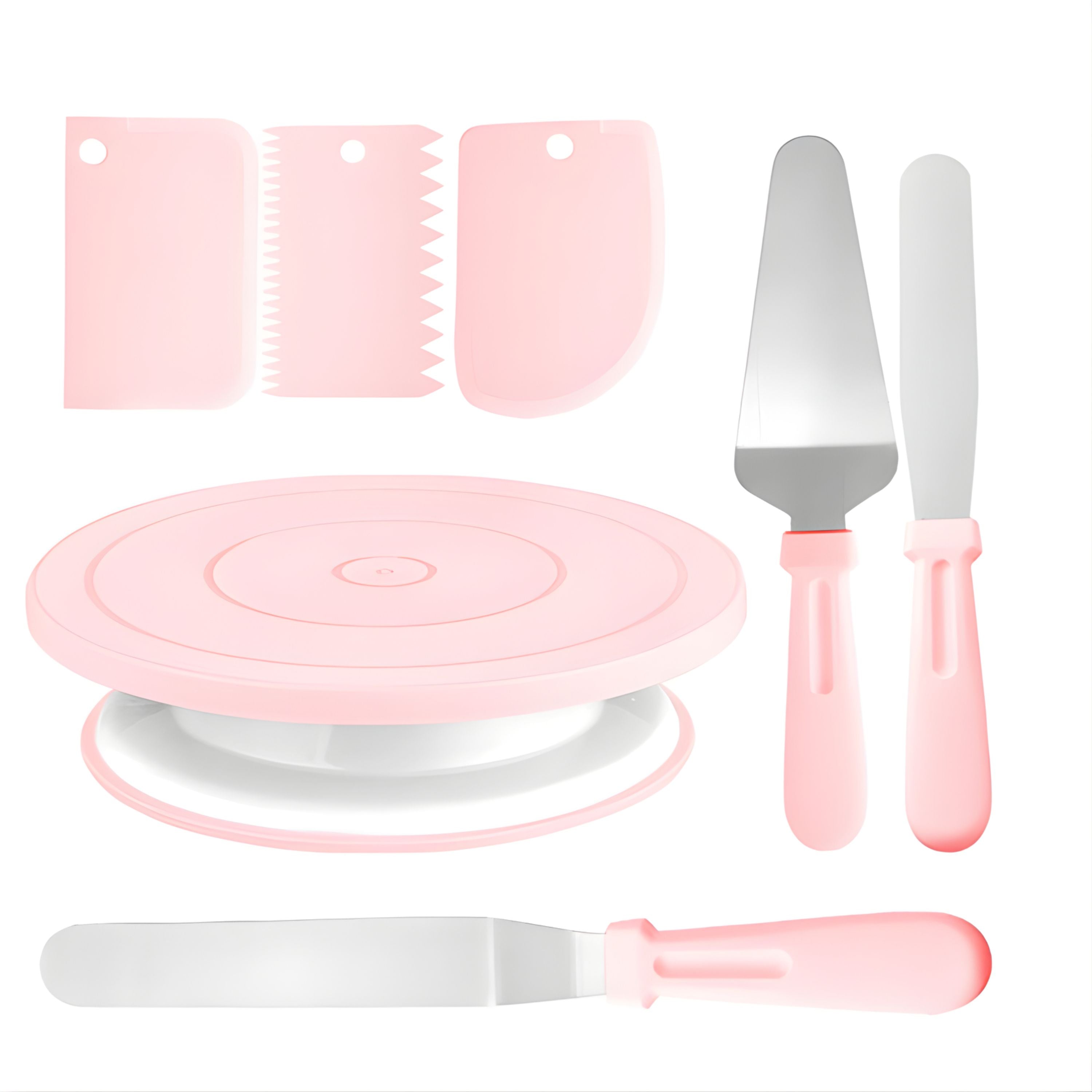 Kitcheniva 10.8" Plastic Revolving Cake Turntable Stand Set with Cake Smoothers, Cake Spatula & Scrapers, 7-Piece Set