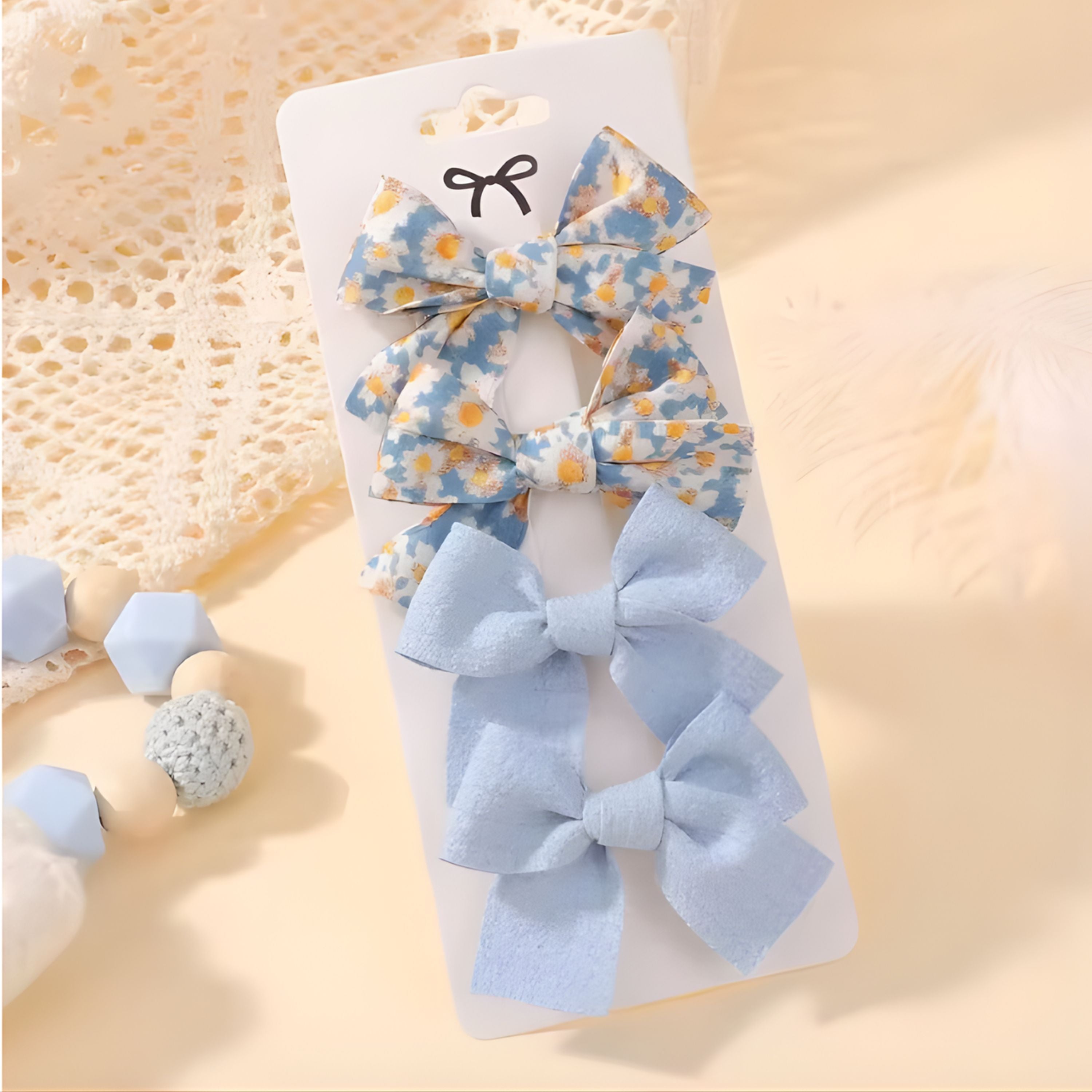 Kitcheniva Children's Bow Hair Clips 4 Pcs - Floral & Solid Blue Design
