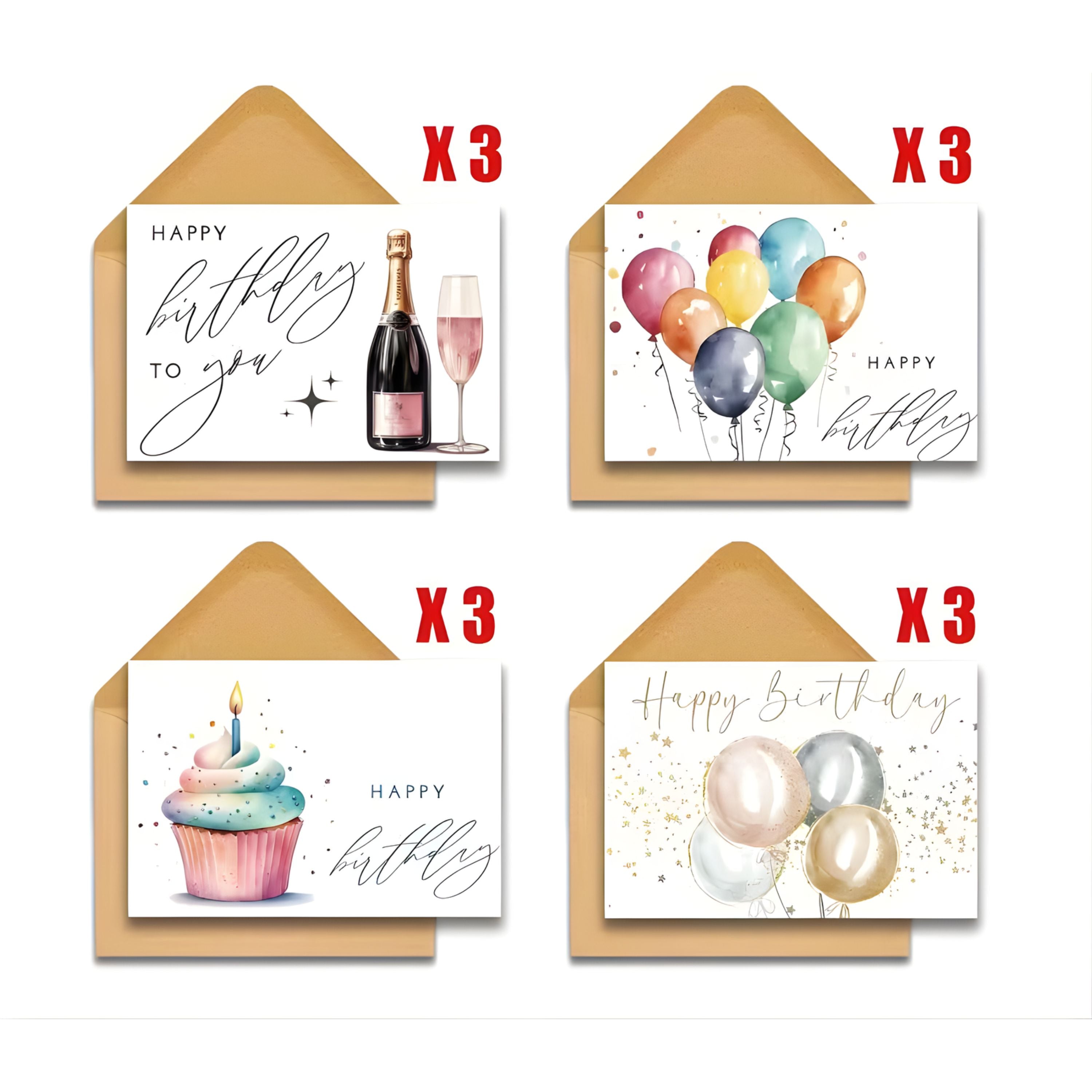 Kitcheniva 12 Pack Watercolor Birthday Cards with Envelopes, (5x3.5 In, Blank Inside)