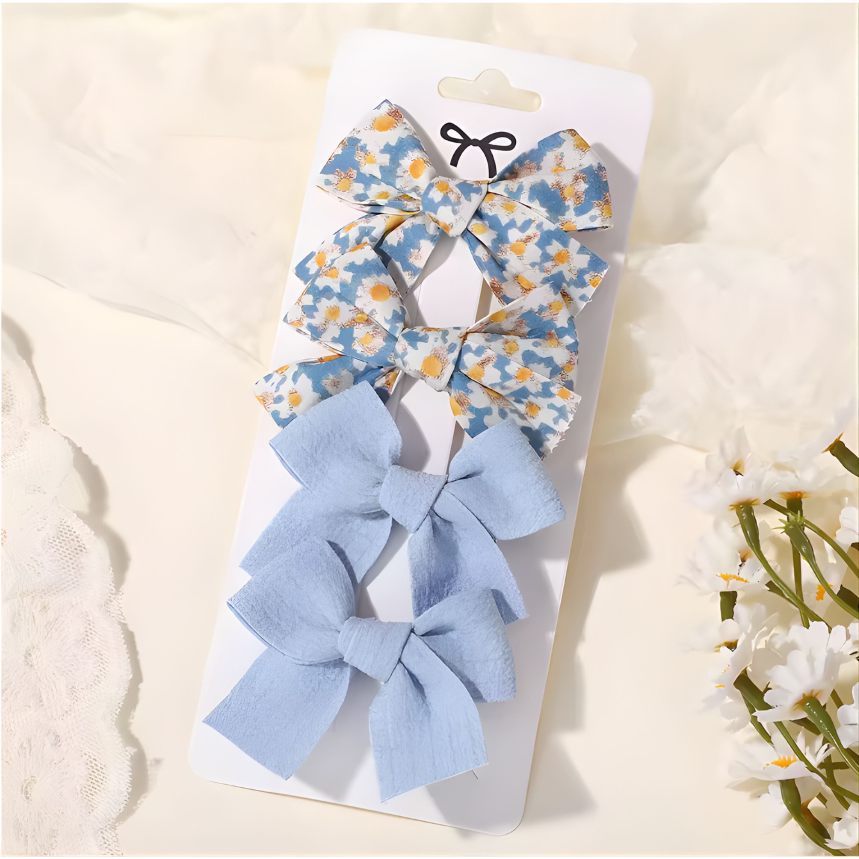 Kitcheniva Children's Bow Hair Clips 4 Pcs - Floral & Solid Blue Design