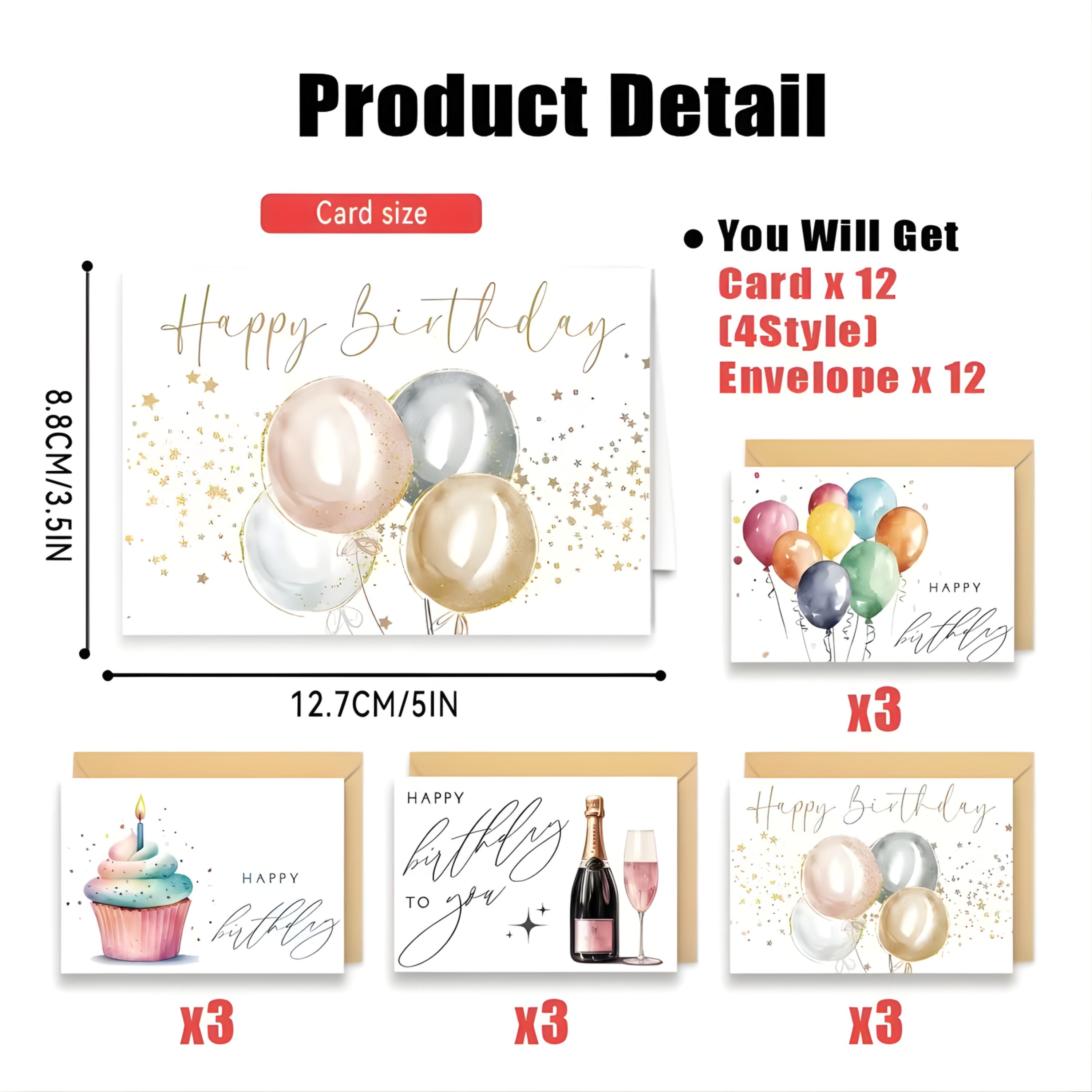 Kitcheniva 12 Pack Watercolor Birthday Cards with Envelopes, (5x3.5 In, Blank Inside)