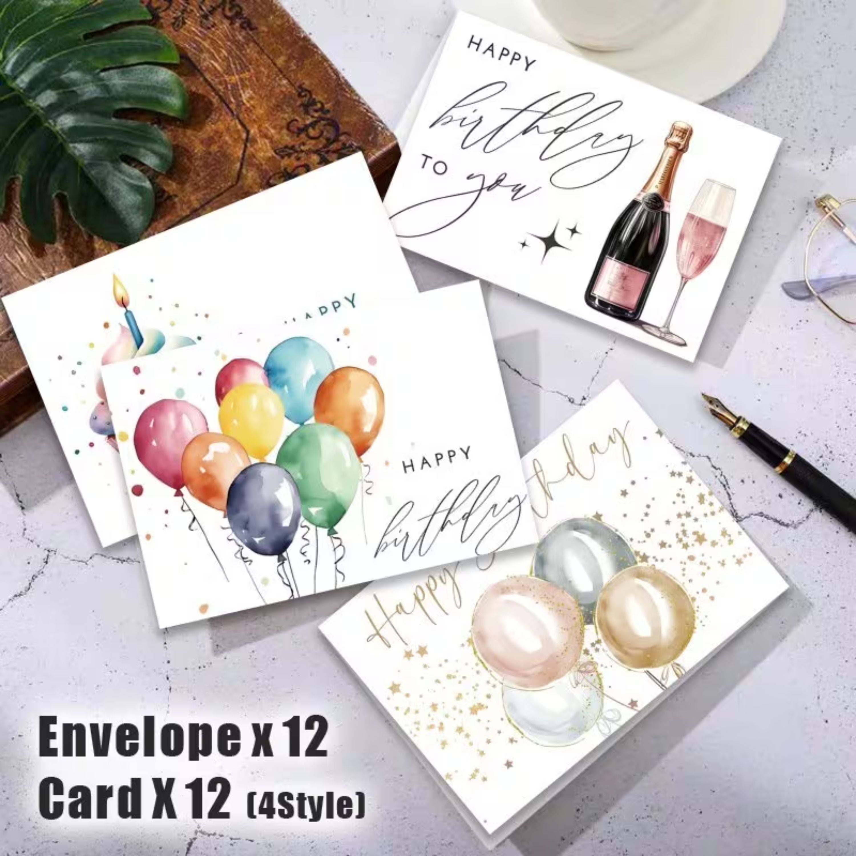 Kitcheniva 12 Pack Watercolor Birthday Cards with Envelopes, (5x3.5 In, Blank Inside)