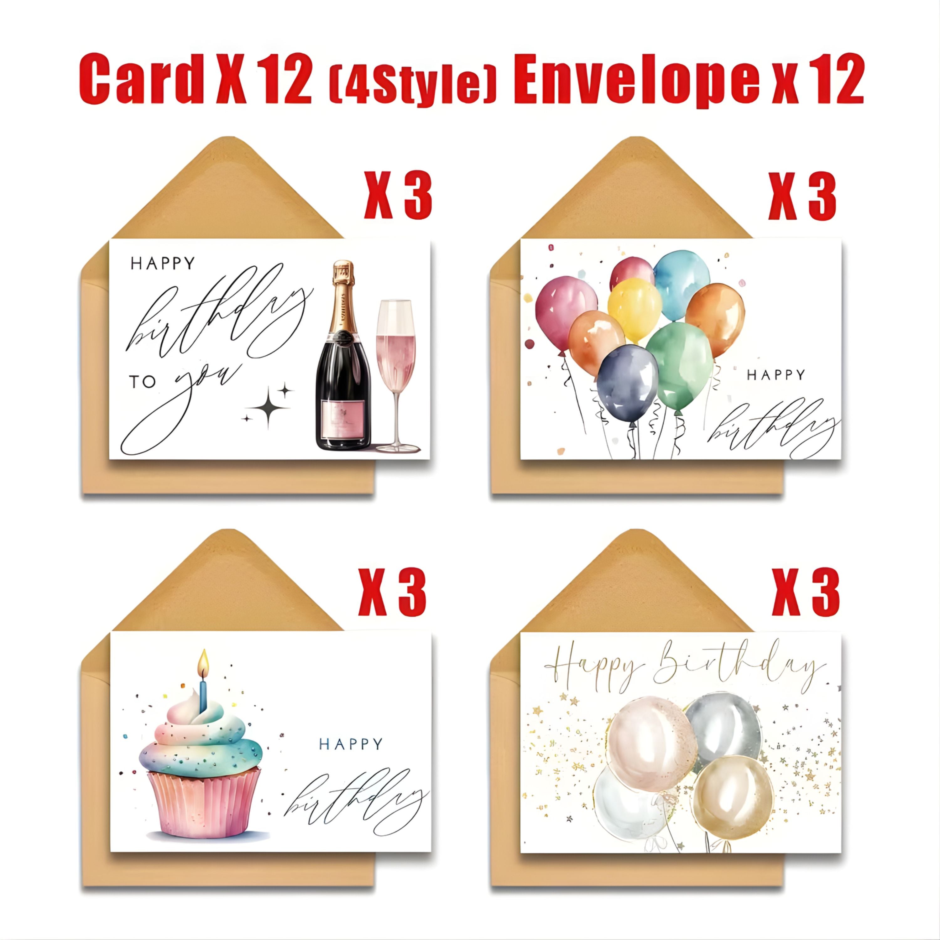 Kitcheniva 12 Pack Watercolor Birthday Cards with Envelopes, (5x3.5 In, Blank Inside)