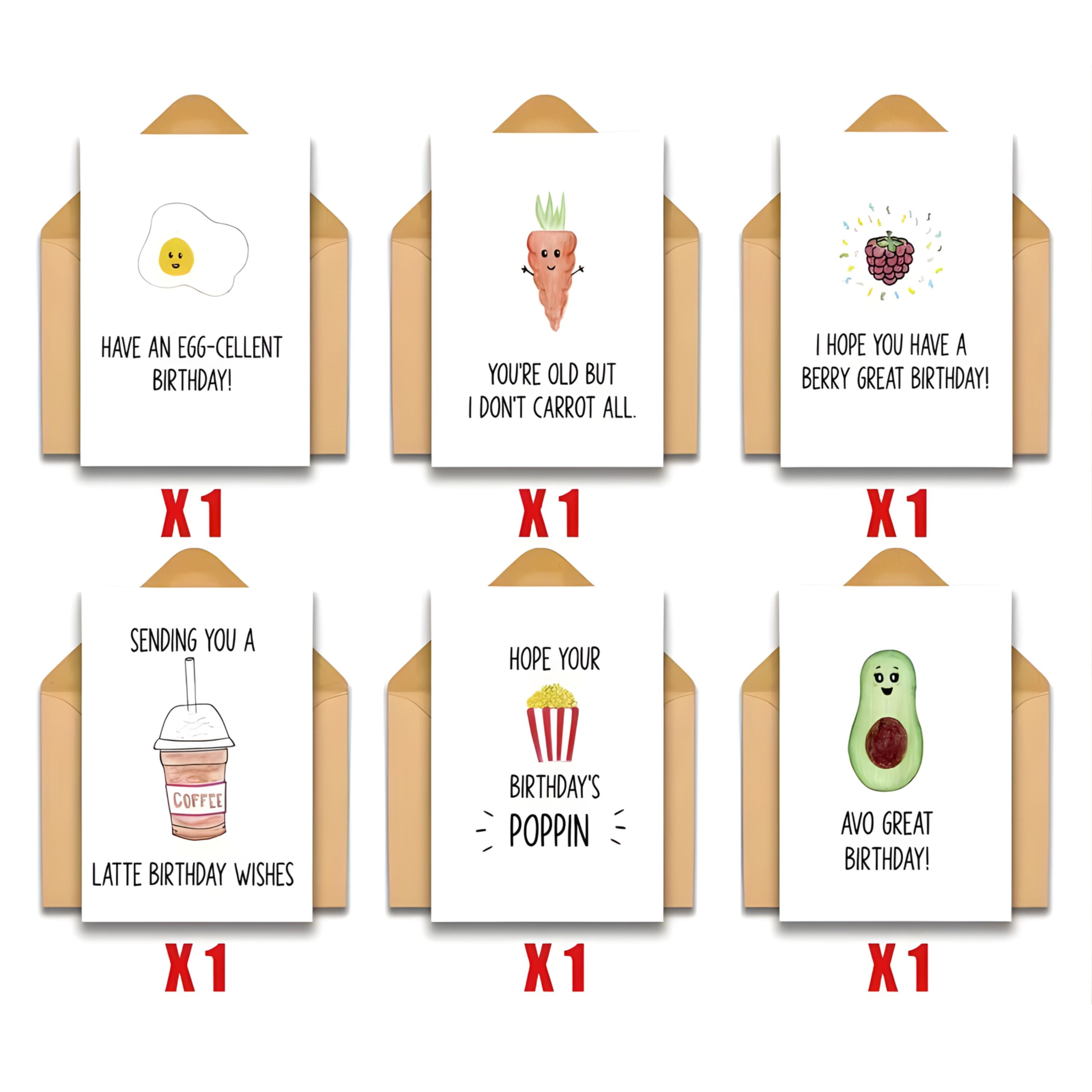 Kitcheniva 6 Pack Funny Food Birthday Cards with Envelopes, (3.5x5 In, Blank Inside)