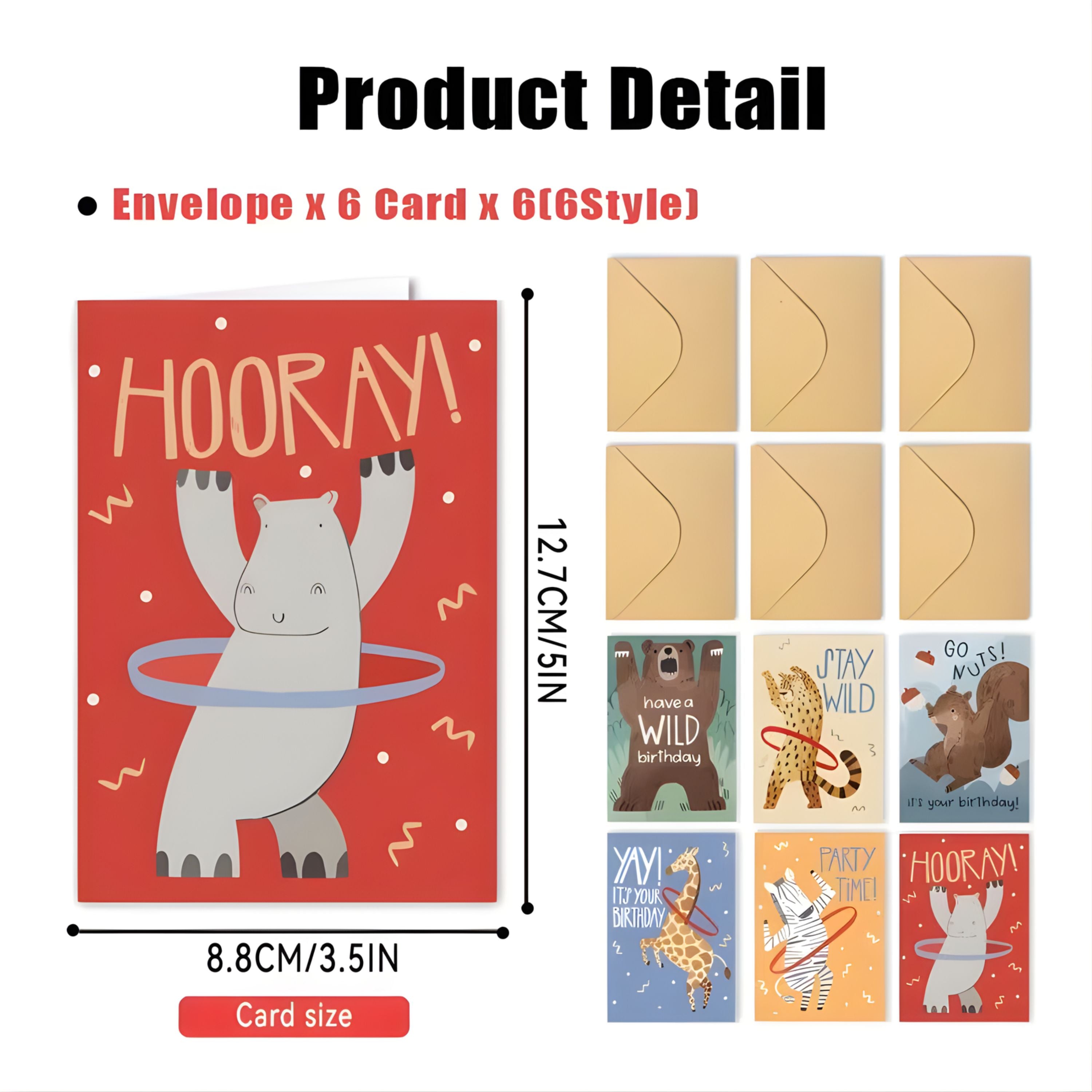 Kitcheniva 6 Pack Animal Design Birthday Cards with Envelopes, (3.5x5 In, Blank Inside)