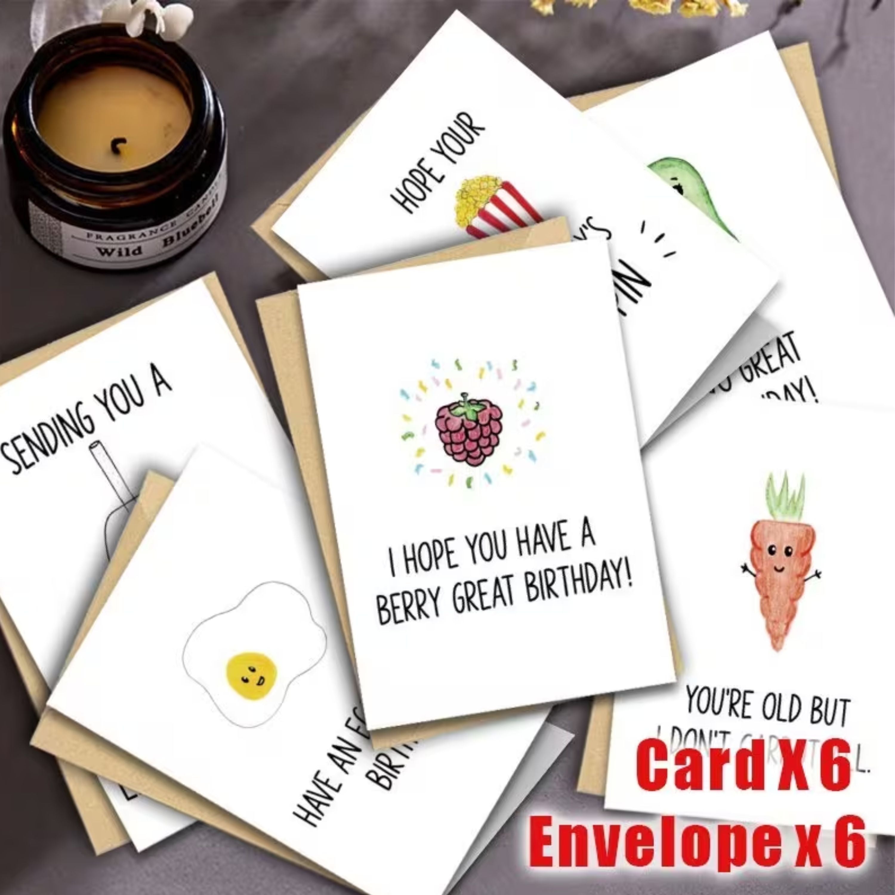 Kitcheniva 6 Pack Funny Food Birthday Cards with Envelopes, (3.5x5 In, Blank Inside)